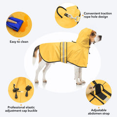 Ezierfy hooded dog rain coat in yellow, back view with reflective belly strip for visibility.