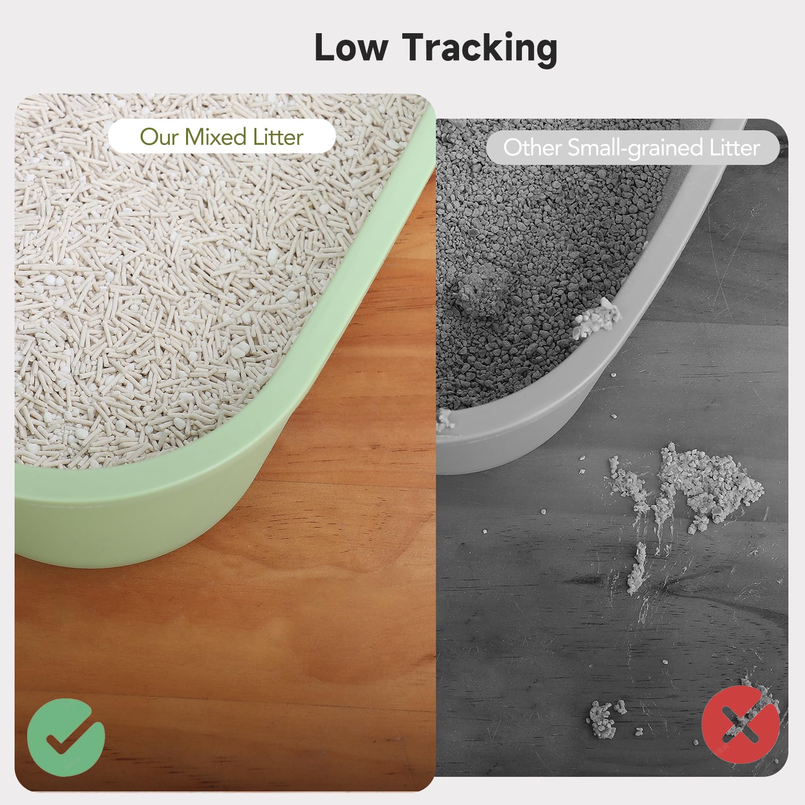 EZSKUUP low-tracking-tofu-litter scene illustrates reduced paw tracking and cleaner floors