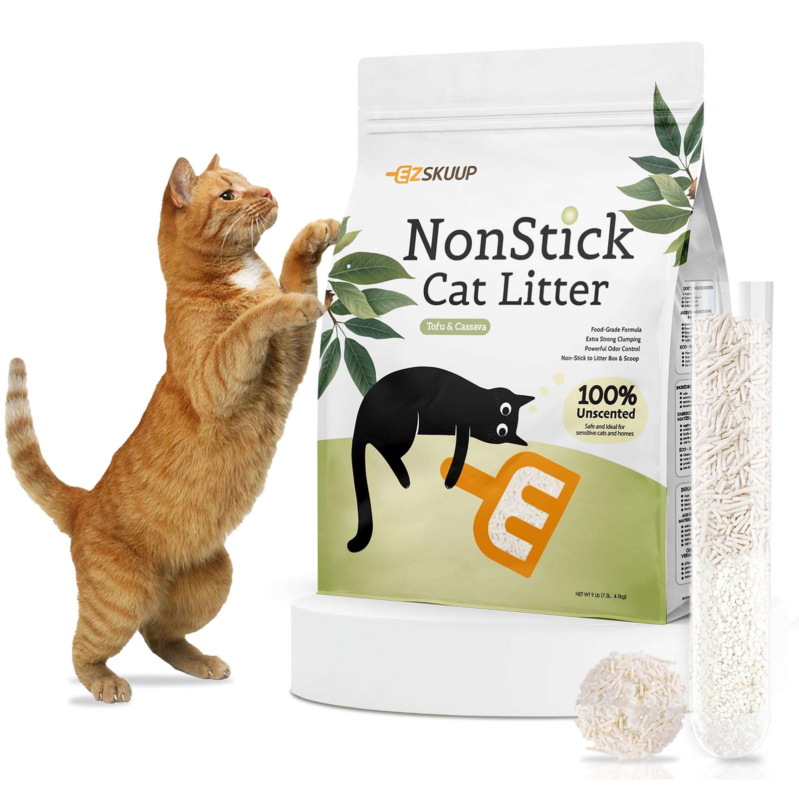 EZSKUUP non-stick tofu litter pouring shows fast-clump action for easy cleanup.