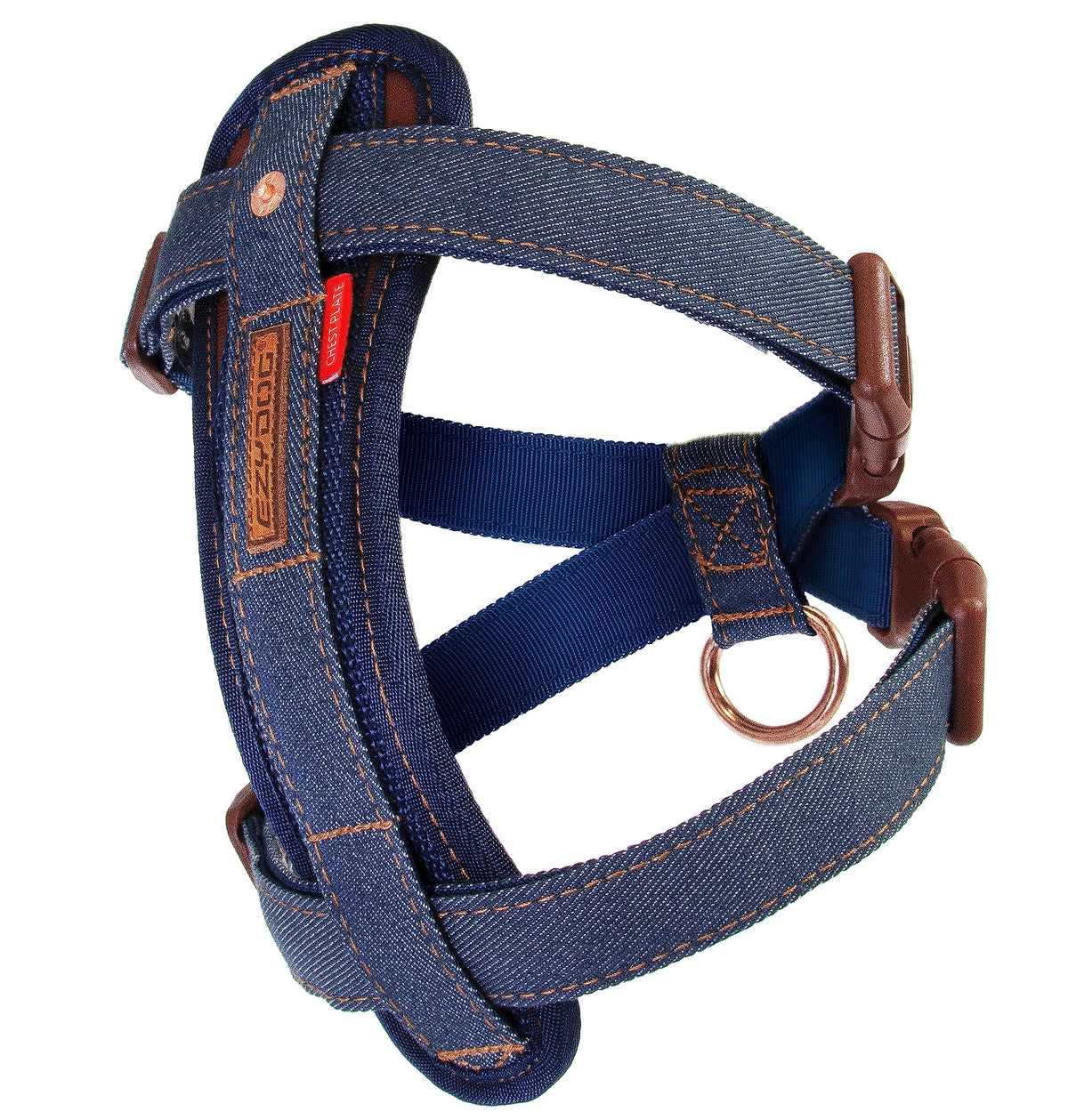 EzyDog chest plate no pull harness in denim front view shows escape-proof control for daily walks.