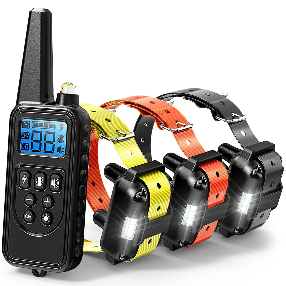 F-color dog shock collar remote showcases long-range training up to 875 yards.