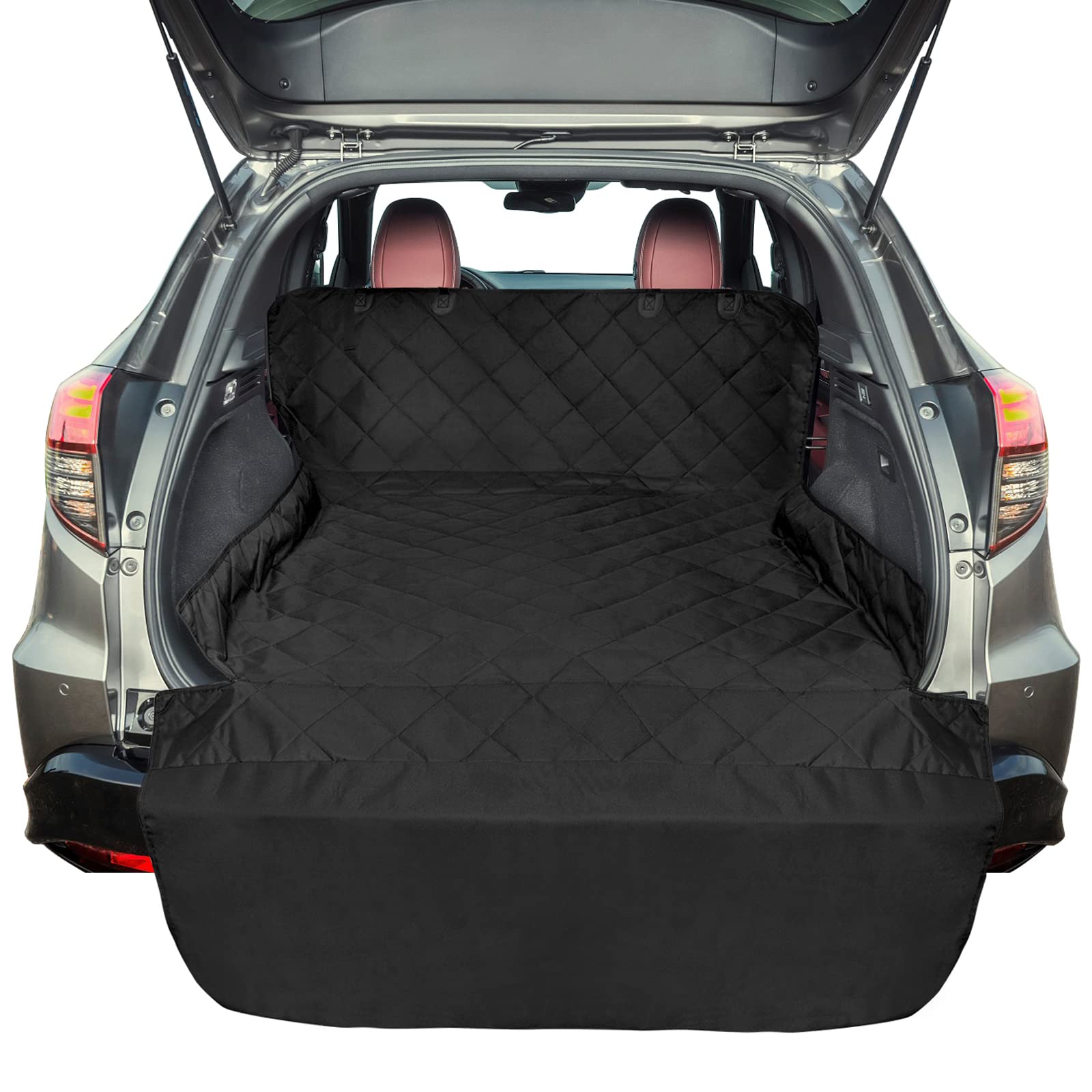 F-color SUV Cargo Liner full-coverage protects dog cargo area from dirt