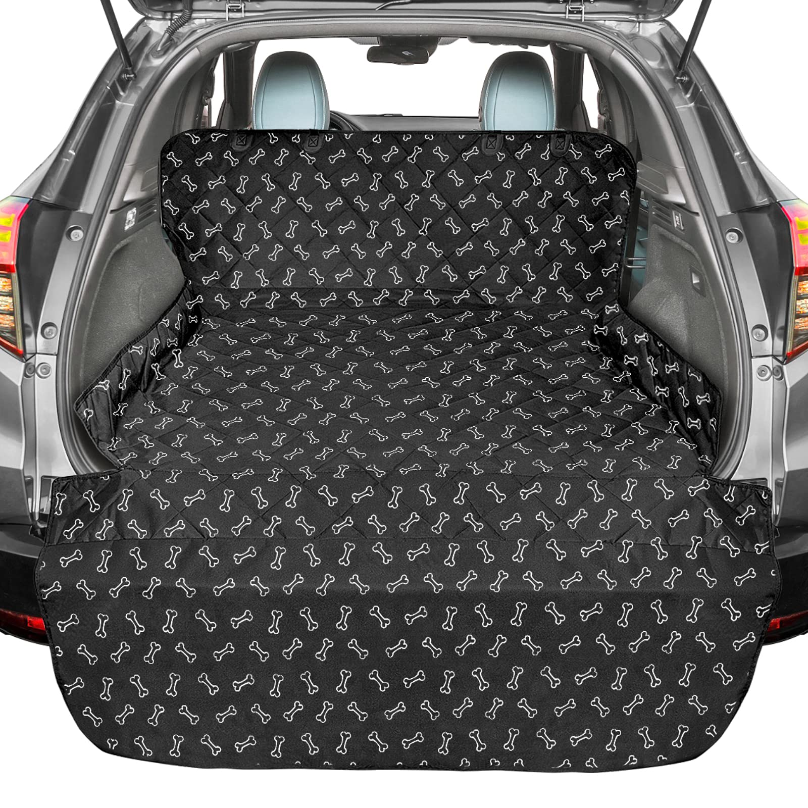 F-color SUV Cargo Liner spread in trunk showing universal fit and protection for cargo area.
