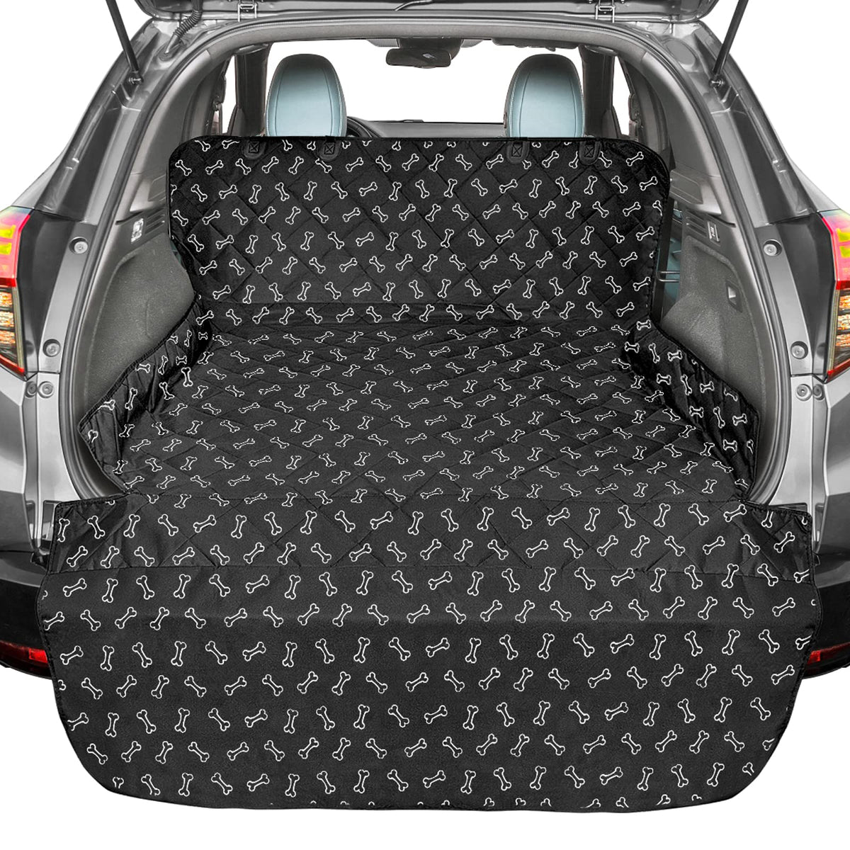 F-color SUV Cargo Liner spread in trunk showing universal fit and protection for cargo area.