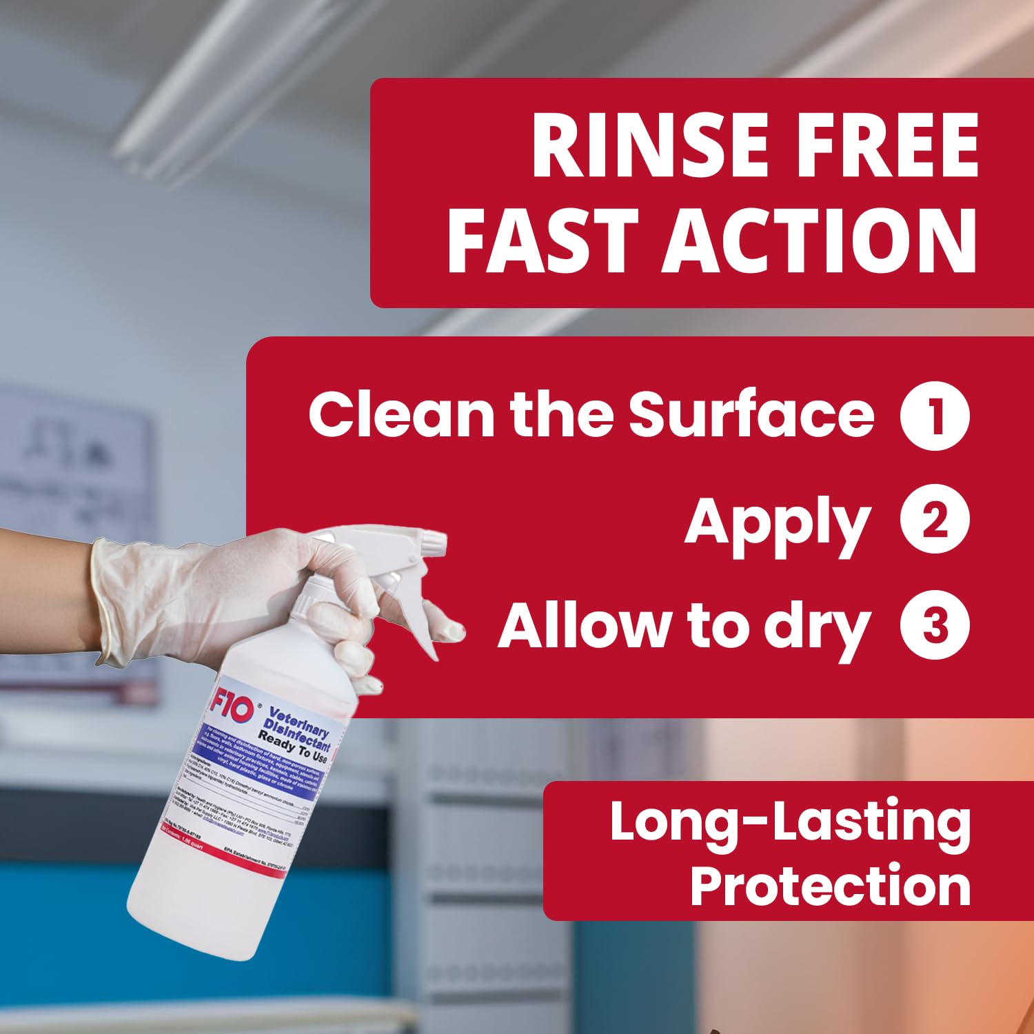 F10 disinfectant spray on cages, broad-spectrum cleaning for habitats.