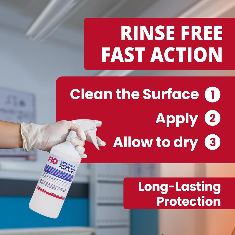 F10 disinfectant spray on cages, broad-spectrum cleaning for habitats.
