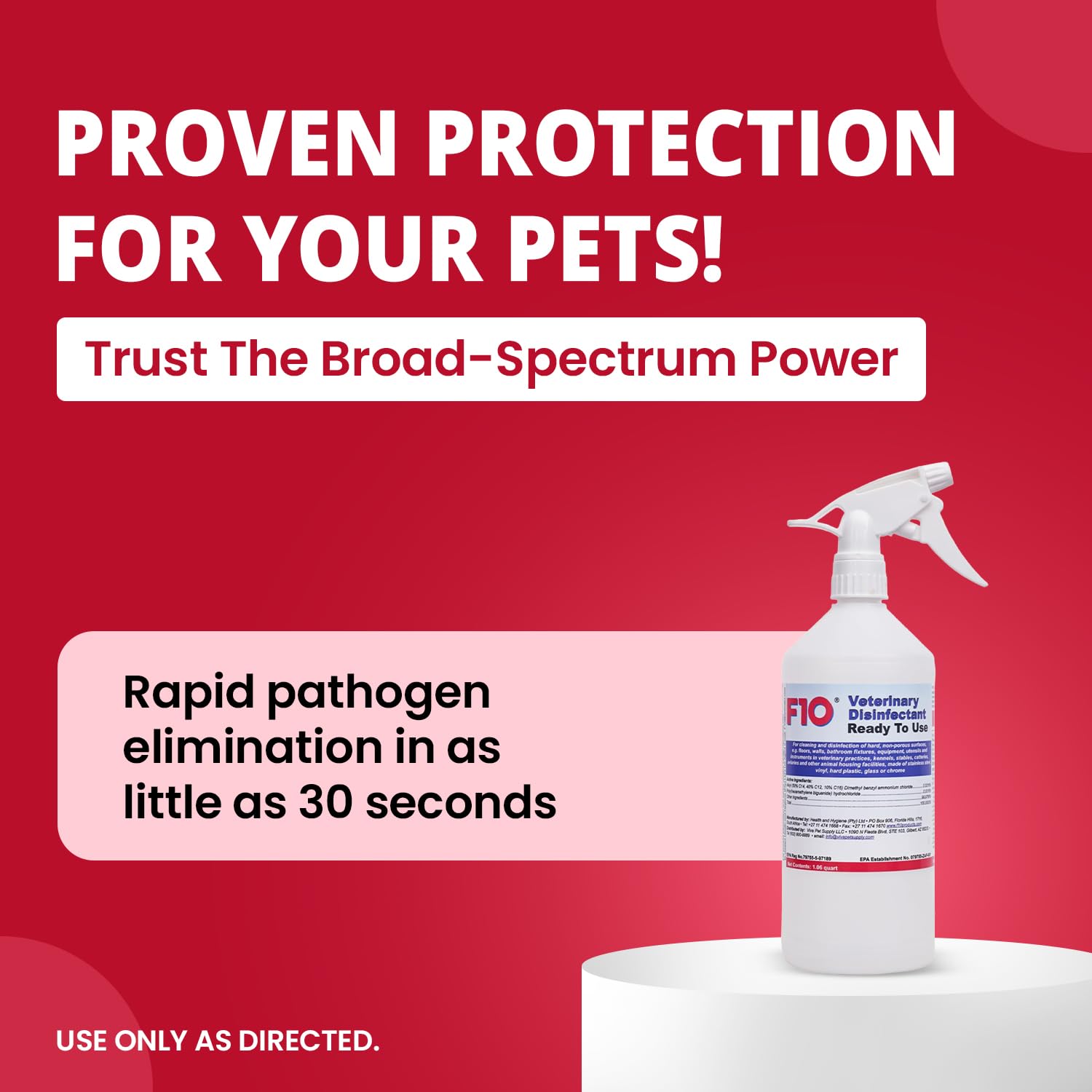 F10 disinfectant on habitats, long-lasting protection for pet environments.