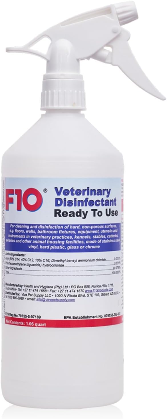F10 ready-to-use disinfectant bottle for kennels, no mixing required, fast surface cleaning.