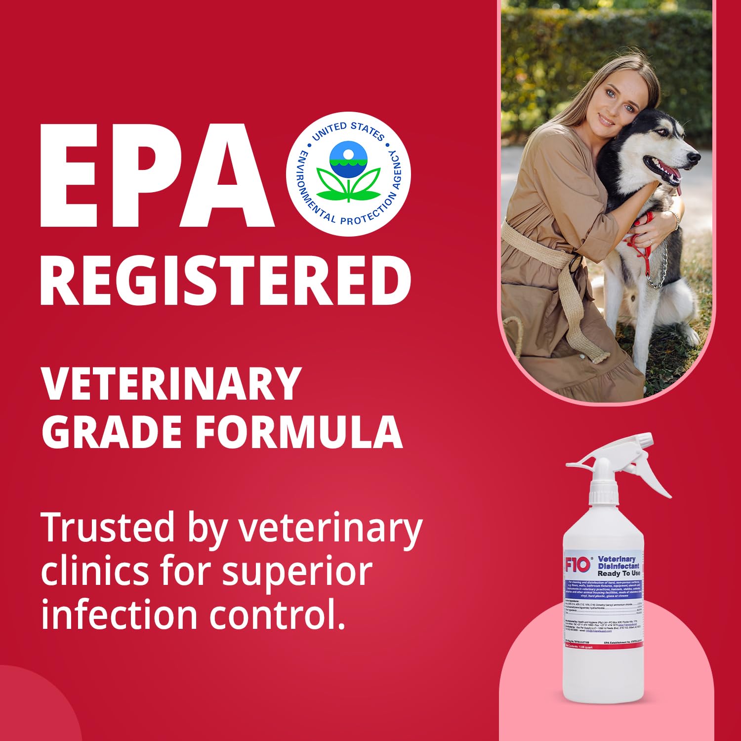 F10 ready-to-use disinfectant spray on litter box, easy one-step sanitizing.