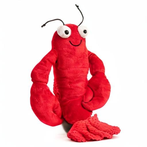 Fabdog Floppies Lobster toy lifestyle shot with happy pup and owner.