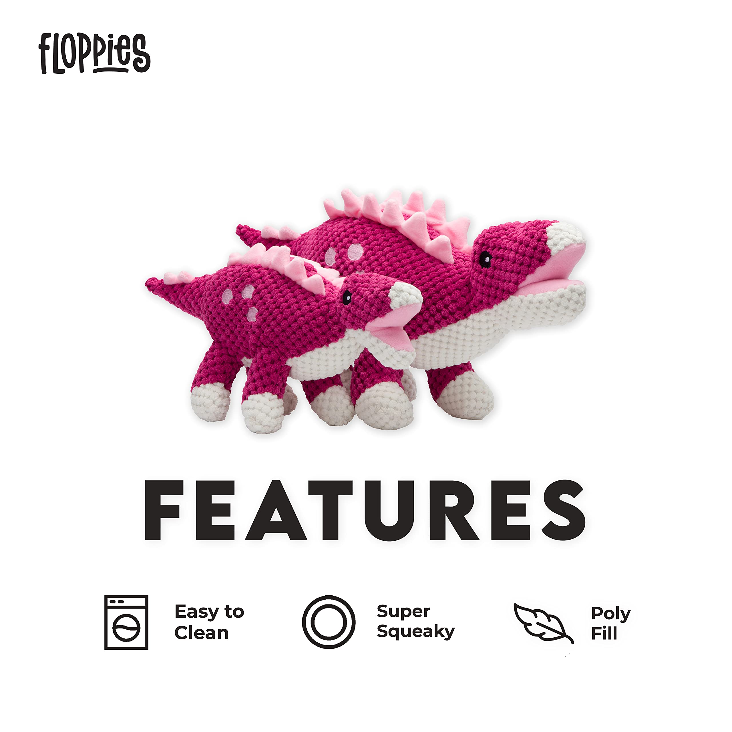 Fabdog Floppies Stegosaurus toy close-up squeaker detail enhances alert play for puppies.