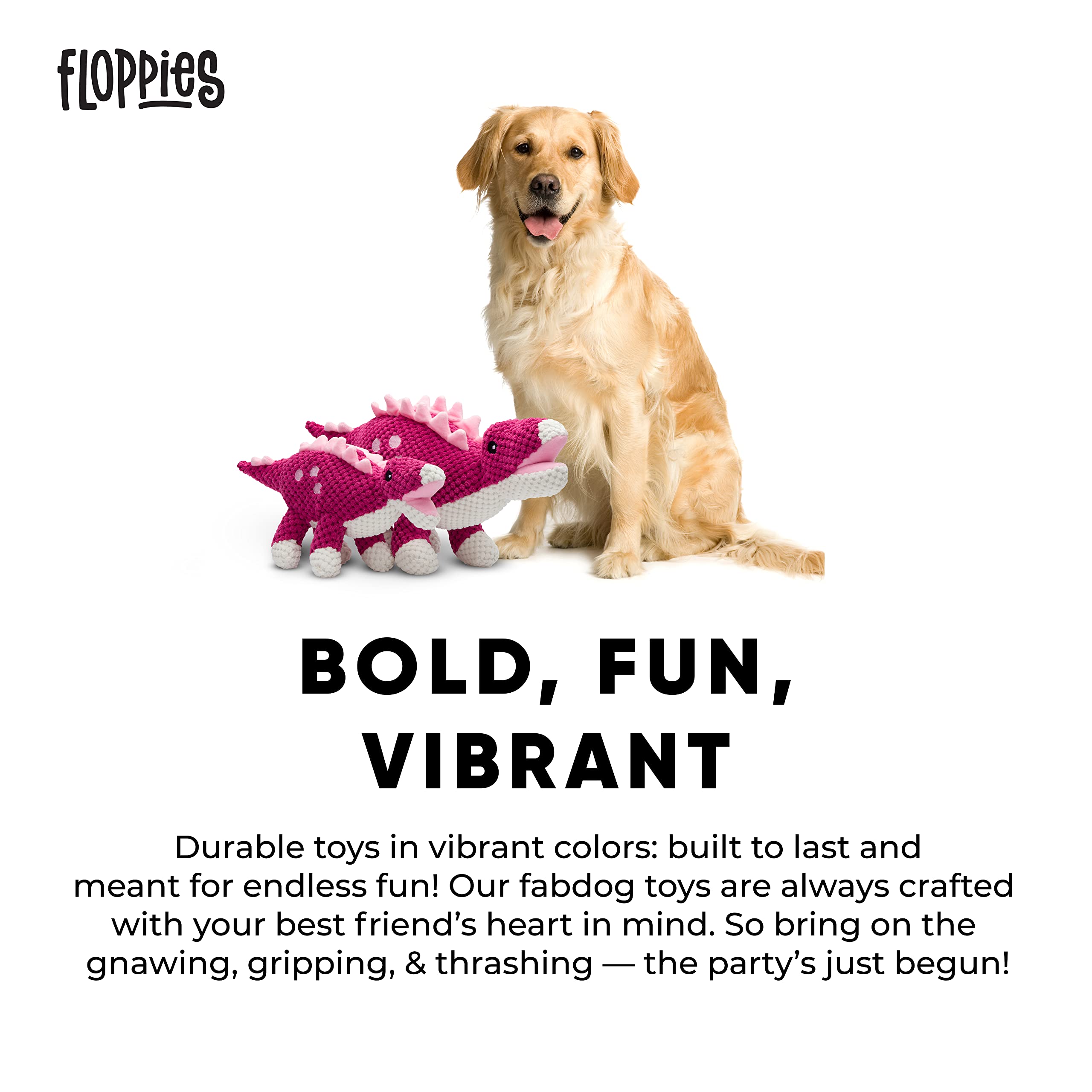Fabdog Floppies Stegosaurus toy texture close-up highlights soft yet durable fabric for all breeds.