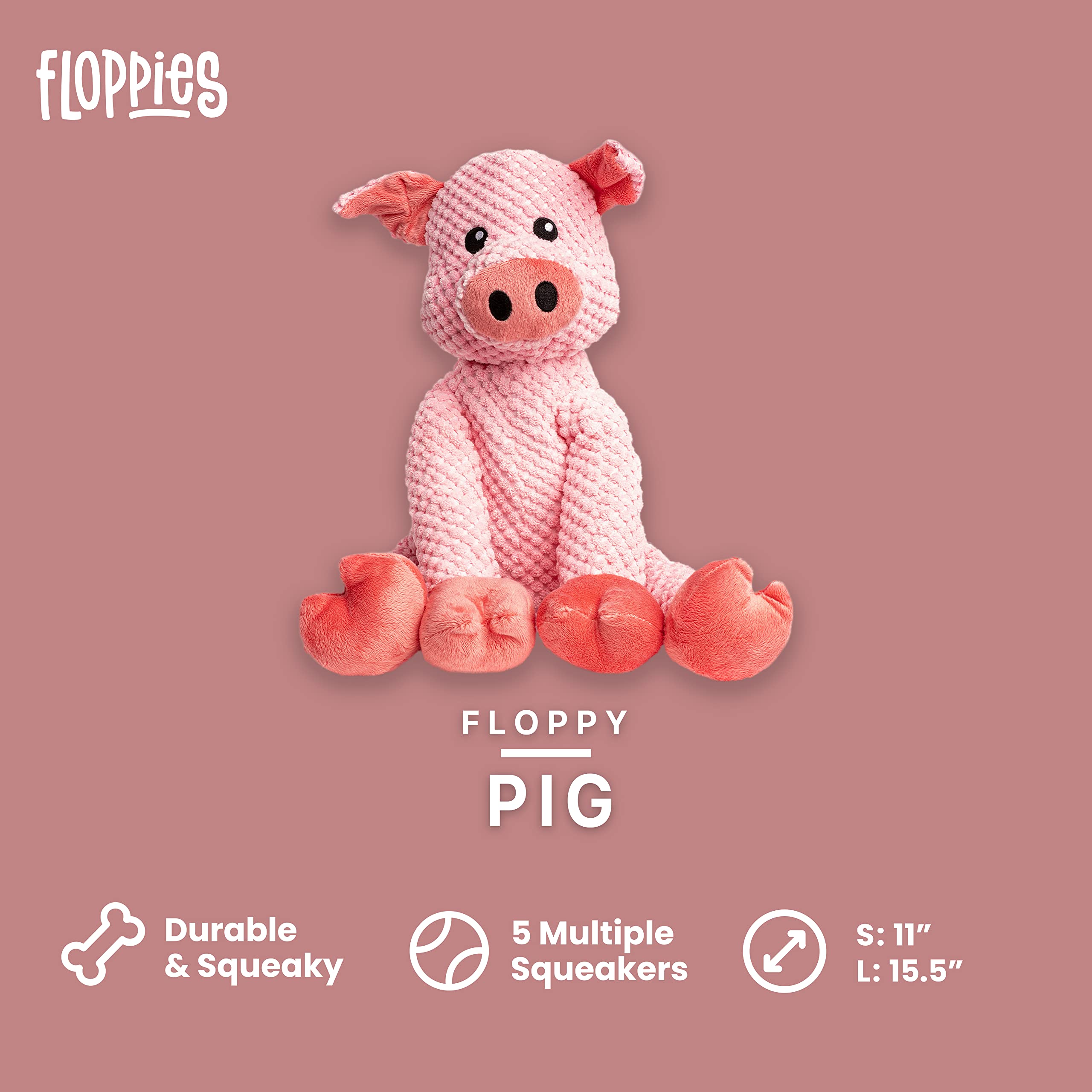 Fabdog Floppy Pig toy side view emphasizes interactive squeaks for seniors.