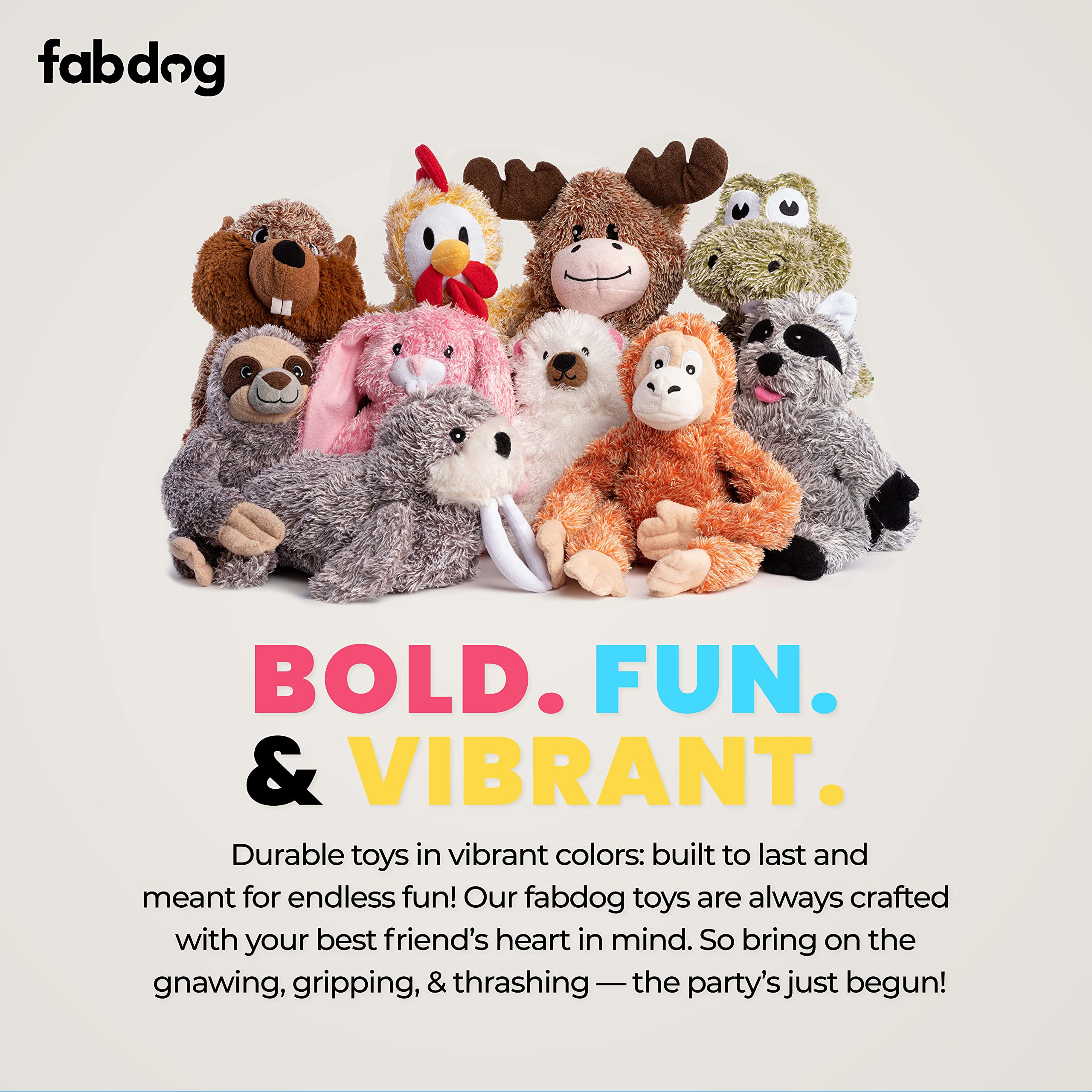 Fabdog Fluffies colorful animal variety image highlights multiple styles for options