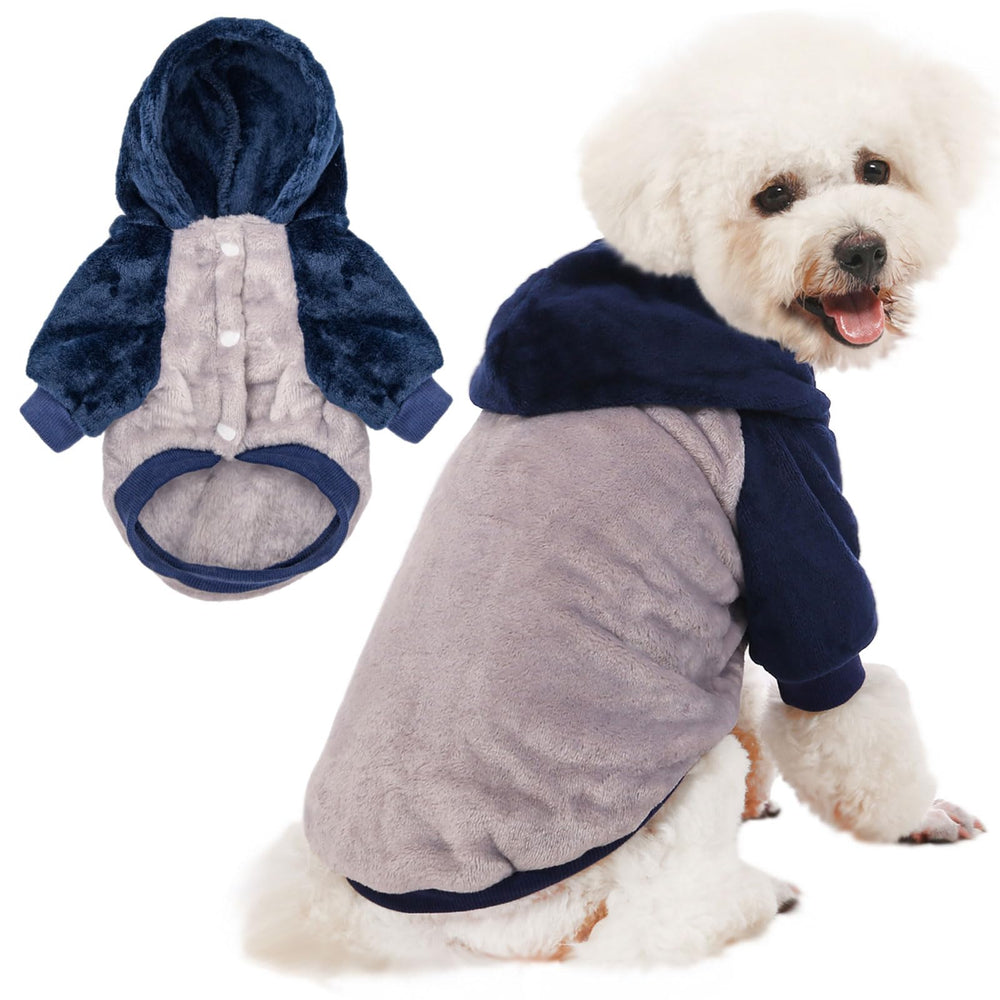 FabriCastle small dog hooded sweater on grey body front view, cozy warmth for chilly walks.