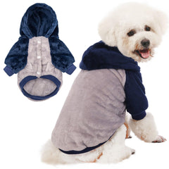 FabriCastle small dog hooded sweater on grey body front view, cozy warmth for chilly walks.