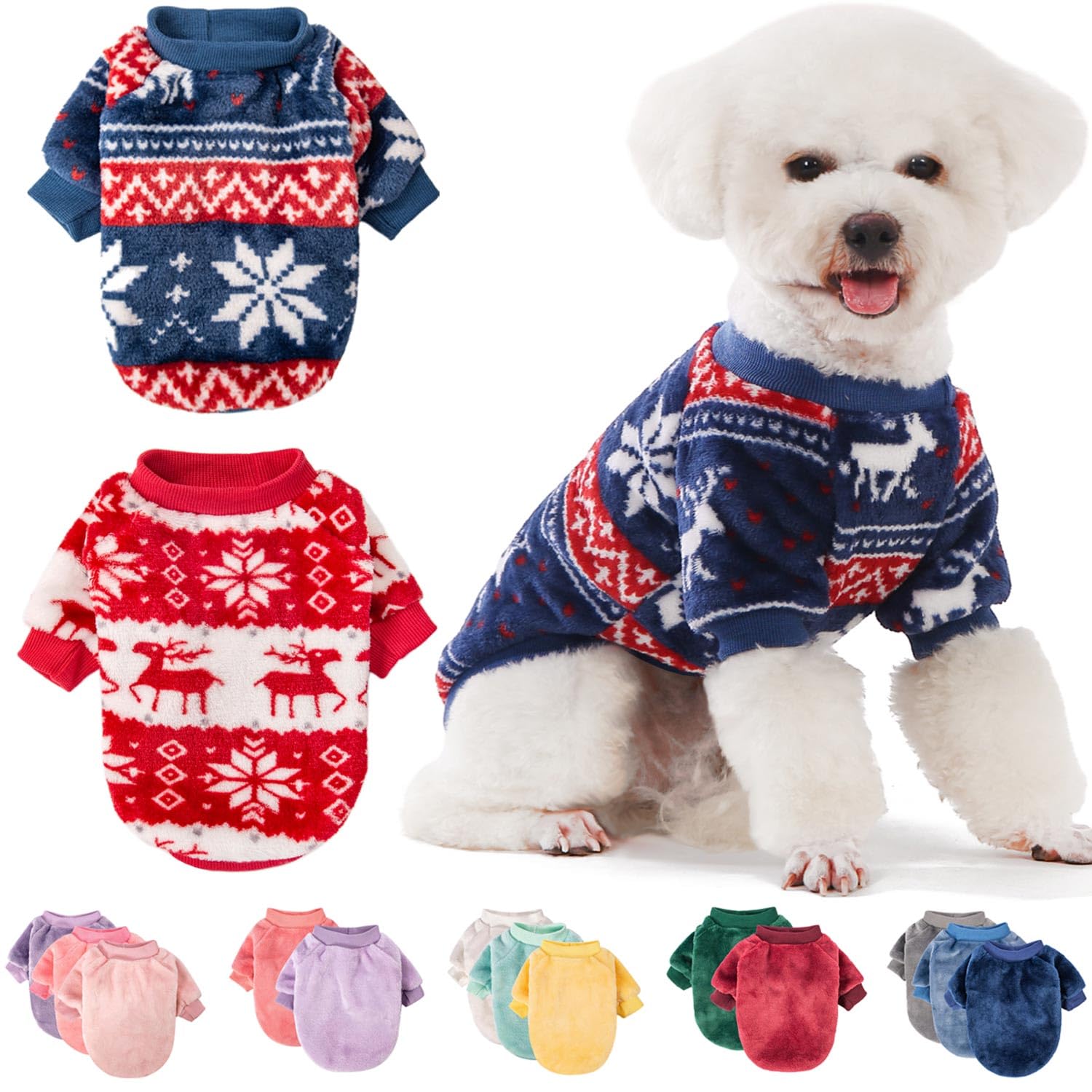 Fabricastle Christmas dog sweater pack—red and blue, front view for festive wear.