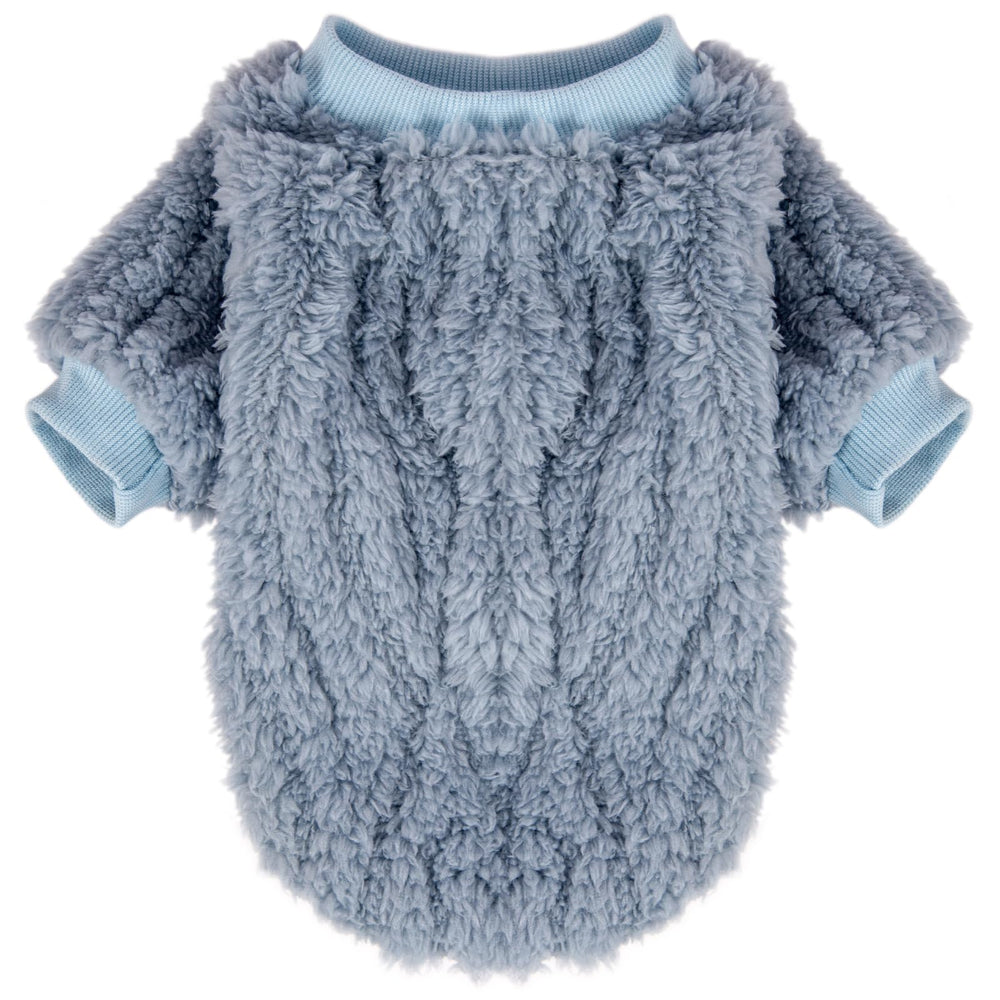 FABRICASTLE dog sweater grey back emphasizes machine washable convenience.