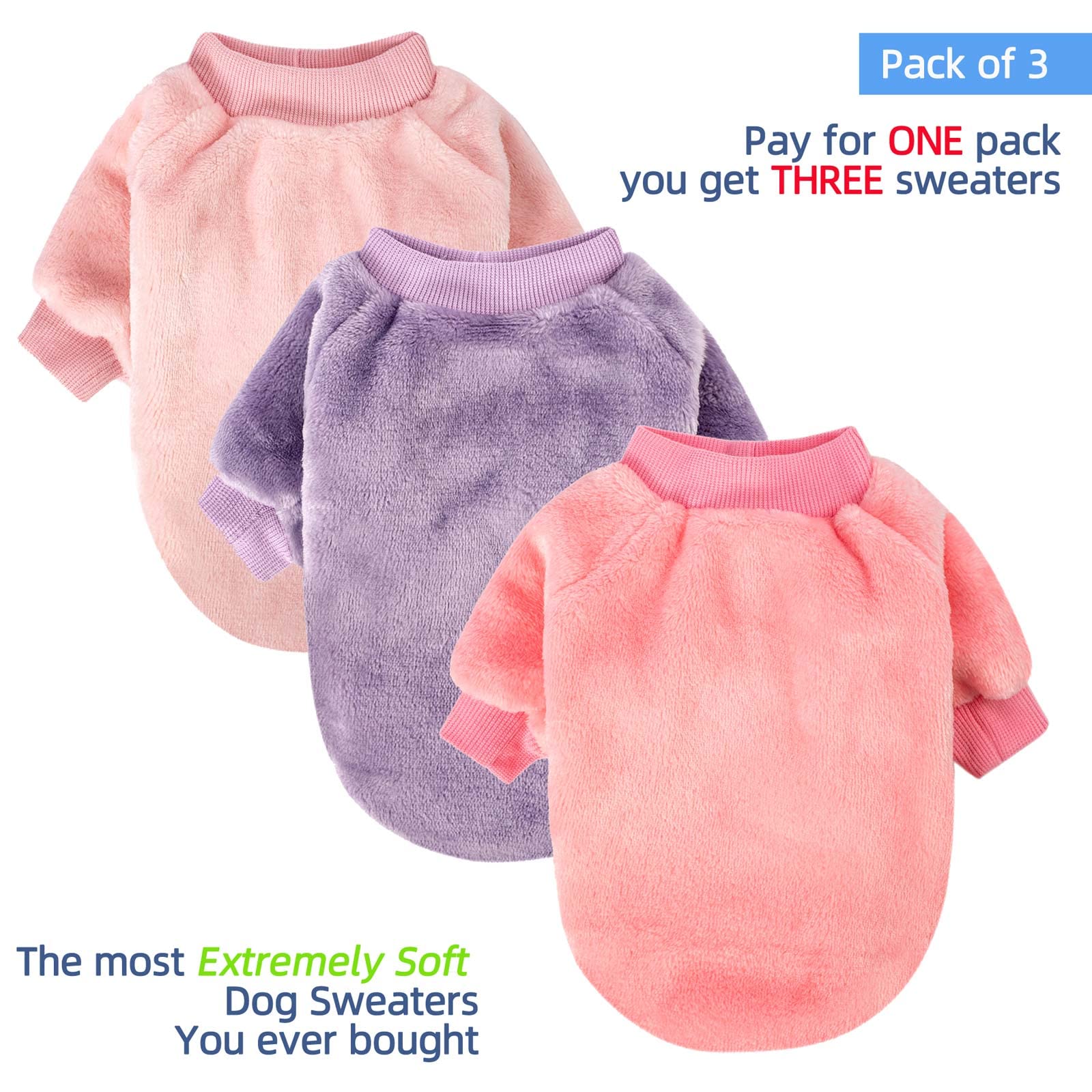 FabriCastle 3-pack dog sweaters in purple and pink ready for use