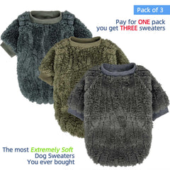 FABRICASTLE dog sweater in army green on model highlights snug fit and soft fleece