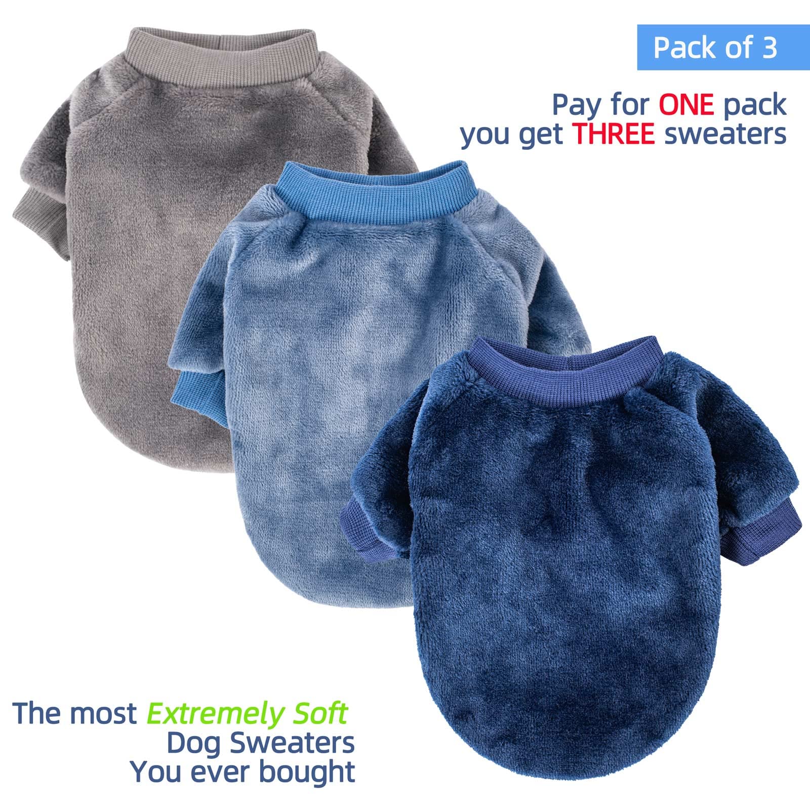 FabricCastle dog sweater pack blue on a tiny dog, adds cozy warmth and cute look