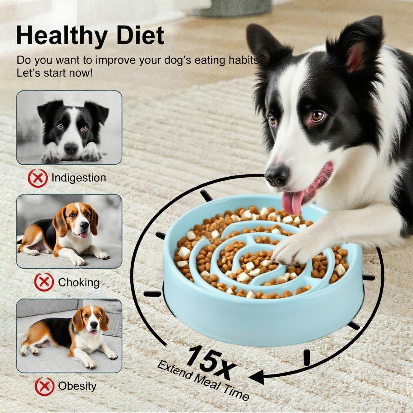 Facdiary Ceramic Slow Feeder Bowl Blue – anti-slip base keeps bowl steady during meals.
