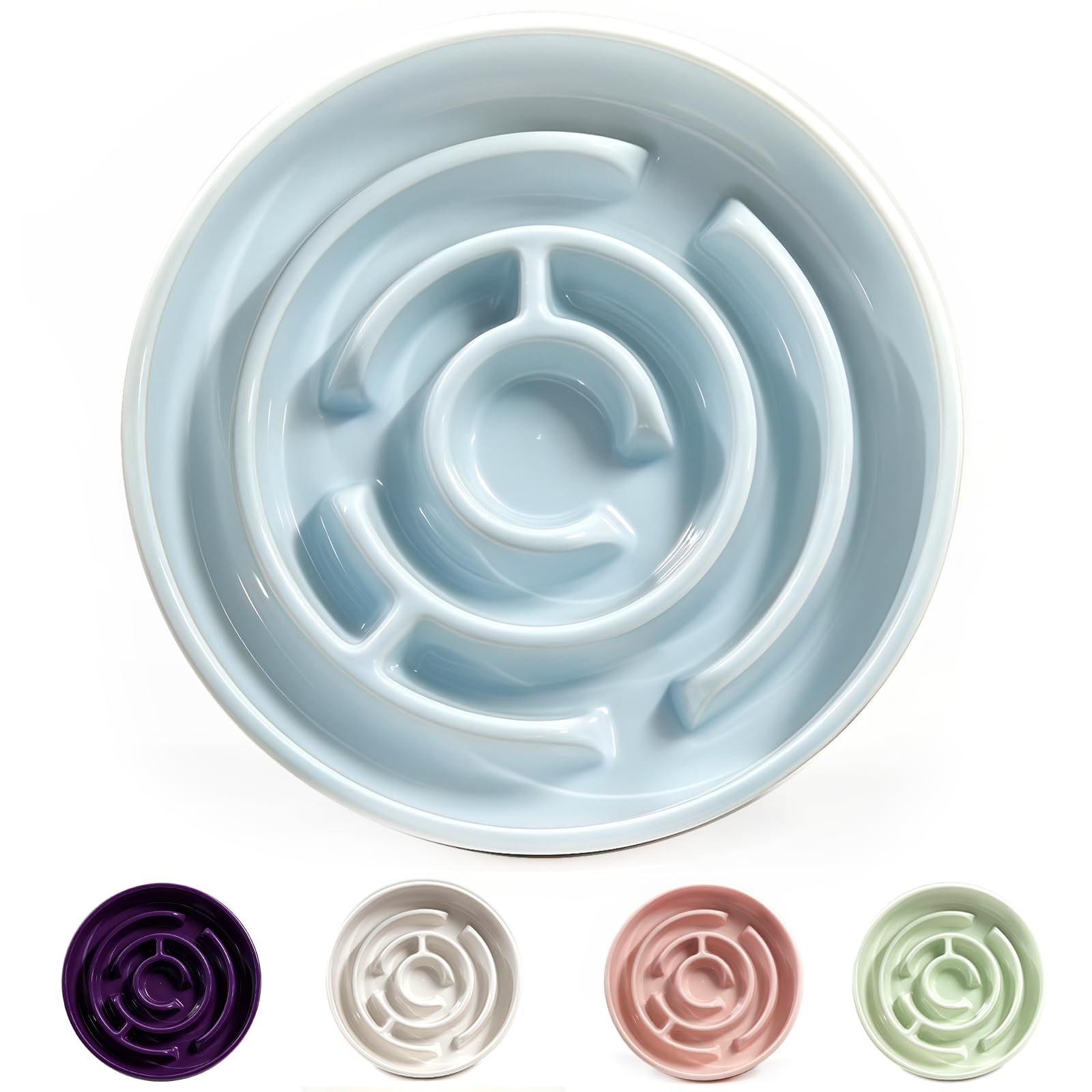 Facdiary Ceramic Slow Feeder Bowl Blue – side view shows anti-slip base for steadier meals.