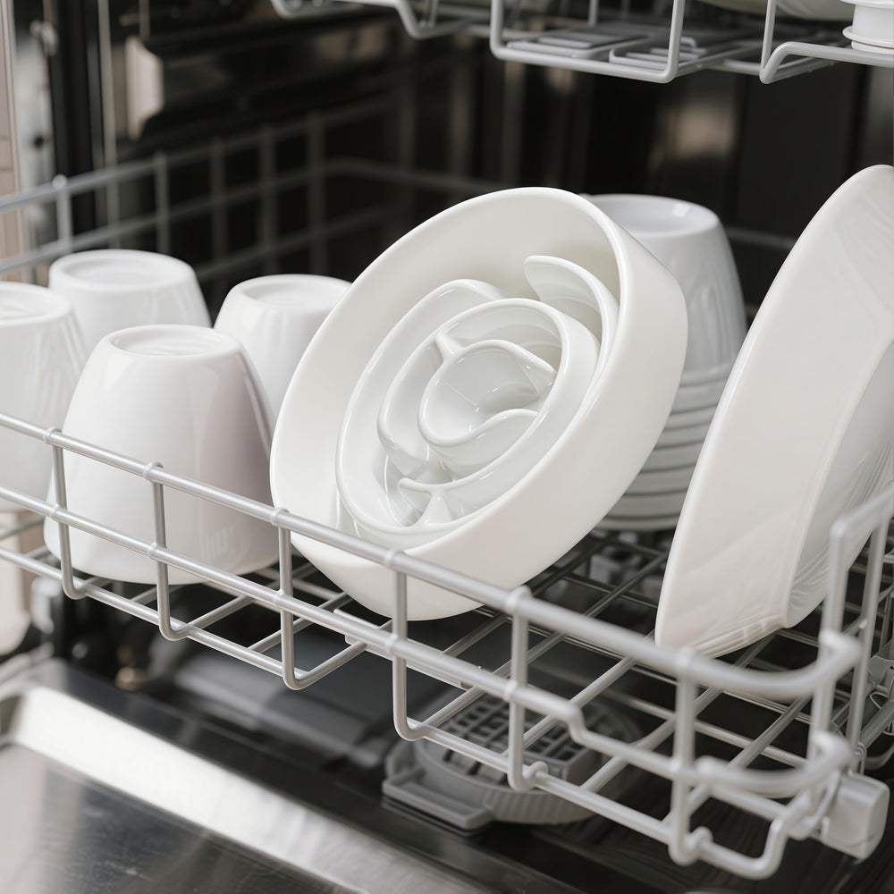 Facdiary ceramic slow-feeder bowl dishwasher-safe for easy cleaning after meals.
