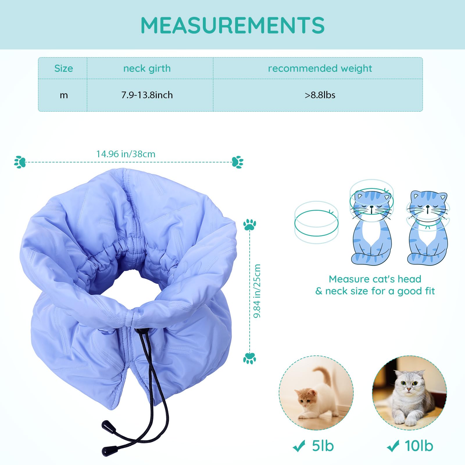 FACULX Cat Recovery Collar blue size guide feature helps pick the right neck fit
