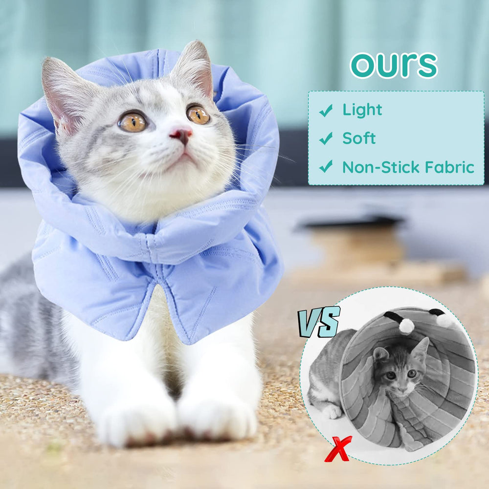 FACULX Cat Recovery Collar blue wearing-method image demonstrates secure fastener setup