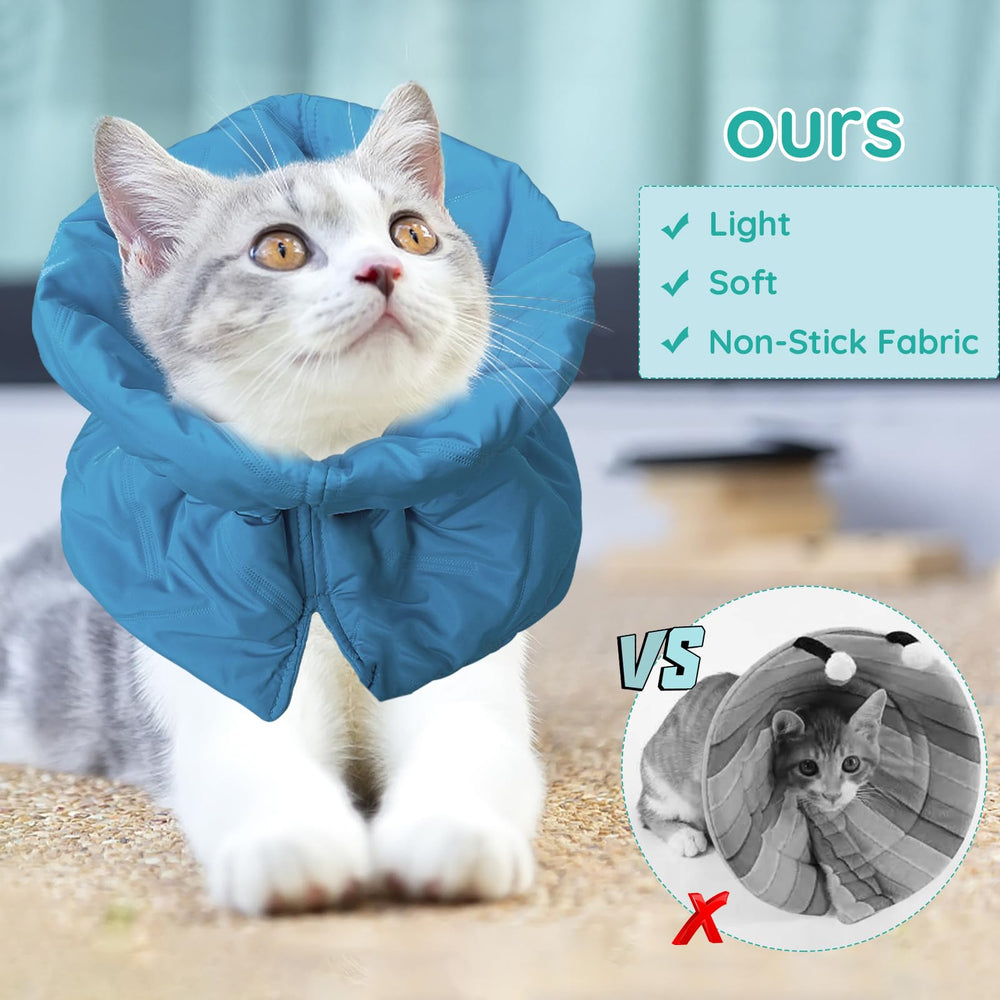 FACULX cat recovery collar in daily-use mode, lake-blue color in home setting.