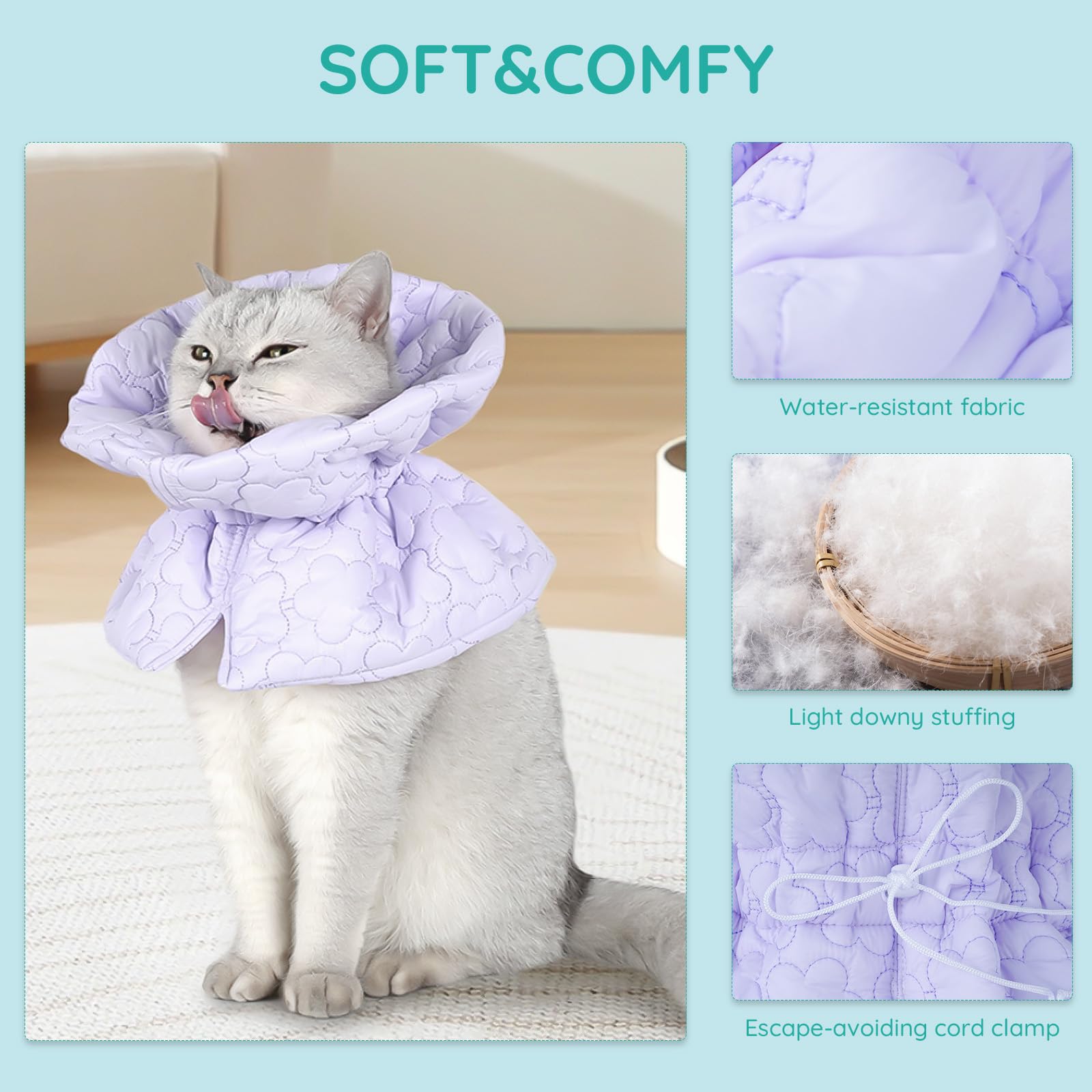 FACULX cat recovery collar daily-use image shows pet eating, sleeping, and moving comfortably