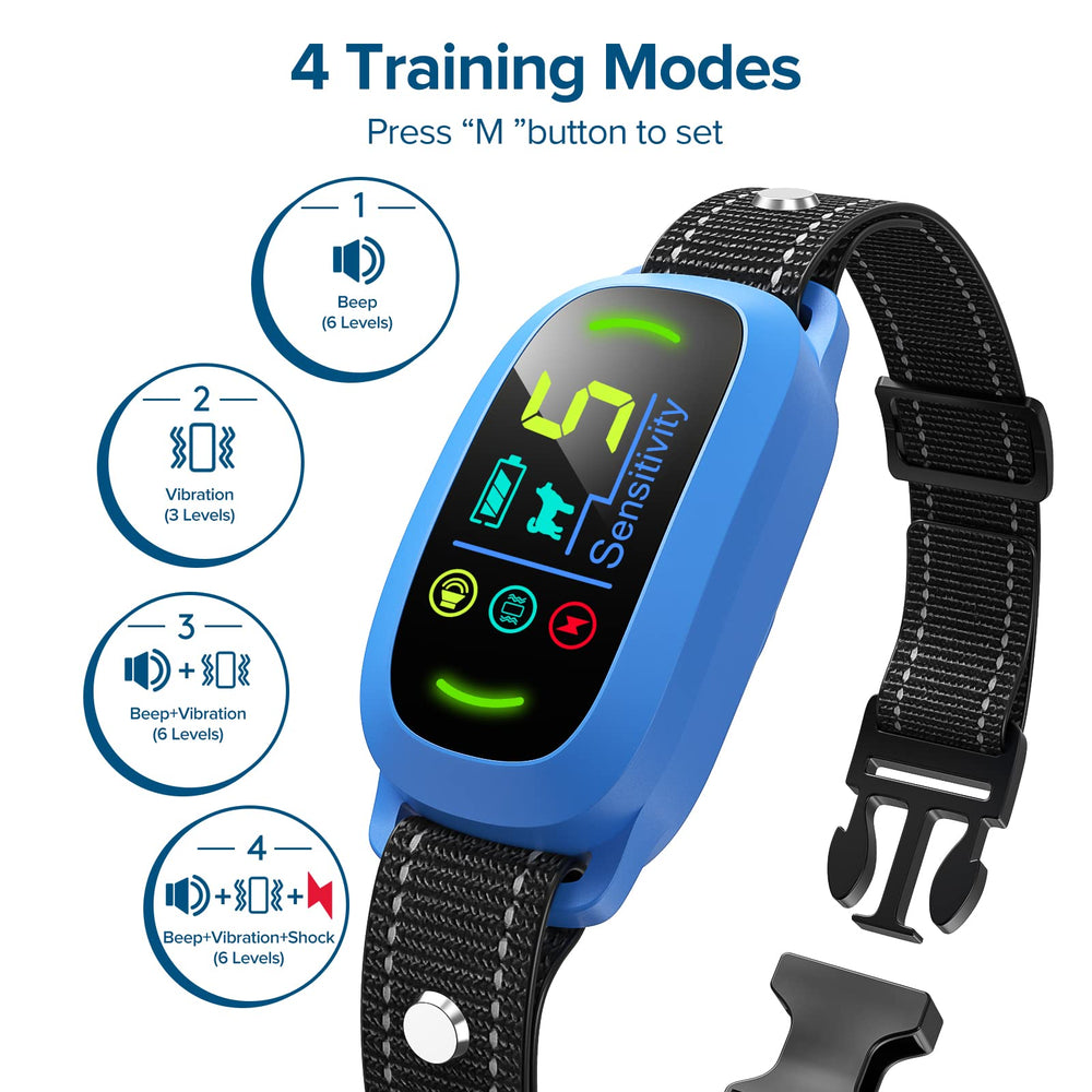 FAFAFROG bark collar blue display shows status and battery for quick checks