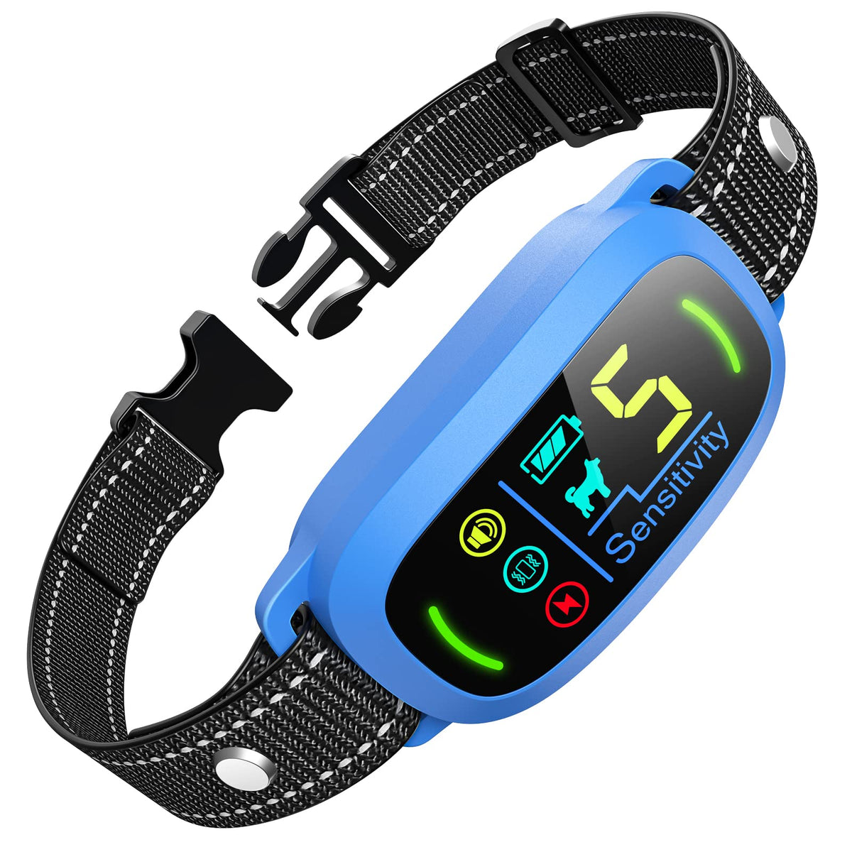 FAFAFROG bark collar blue front view demonstrates adjustable fit for many breeds