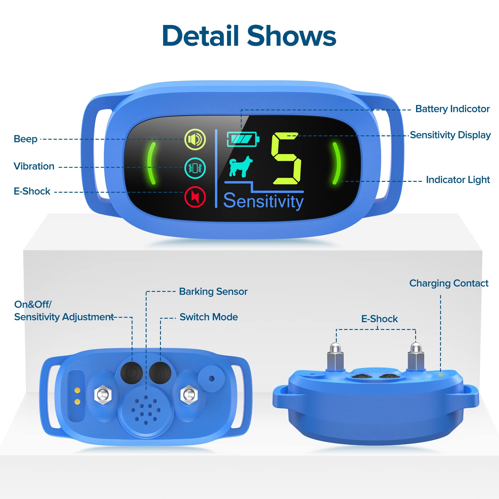 FAFAFROG bark collar blue side view highlights sleek design for comfortable wear