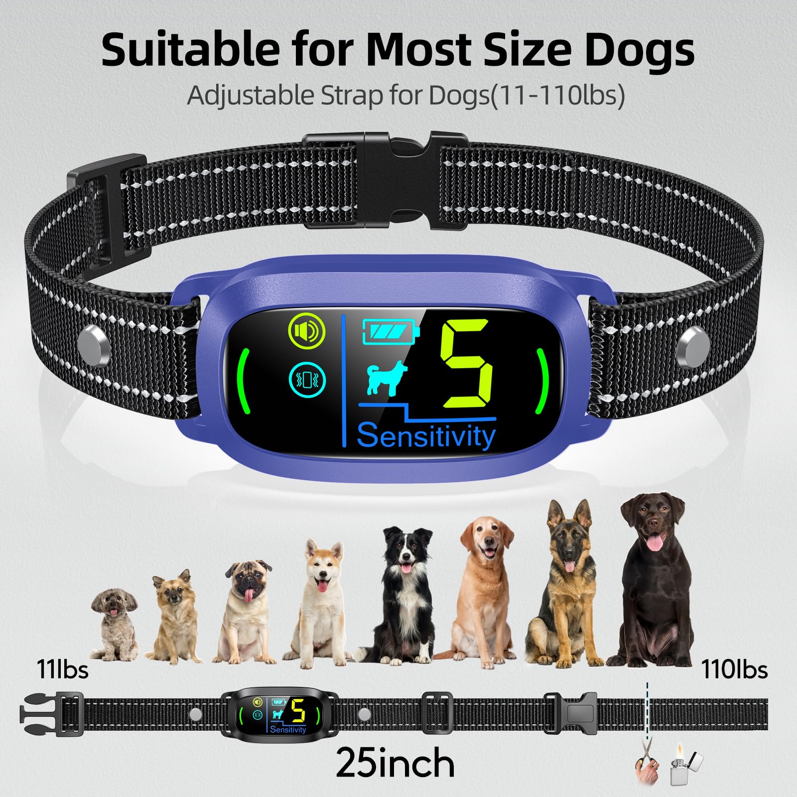 FAFAFROG dog bark collar adjustable neck strap for 8–25 inch range