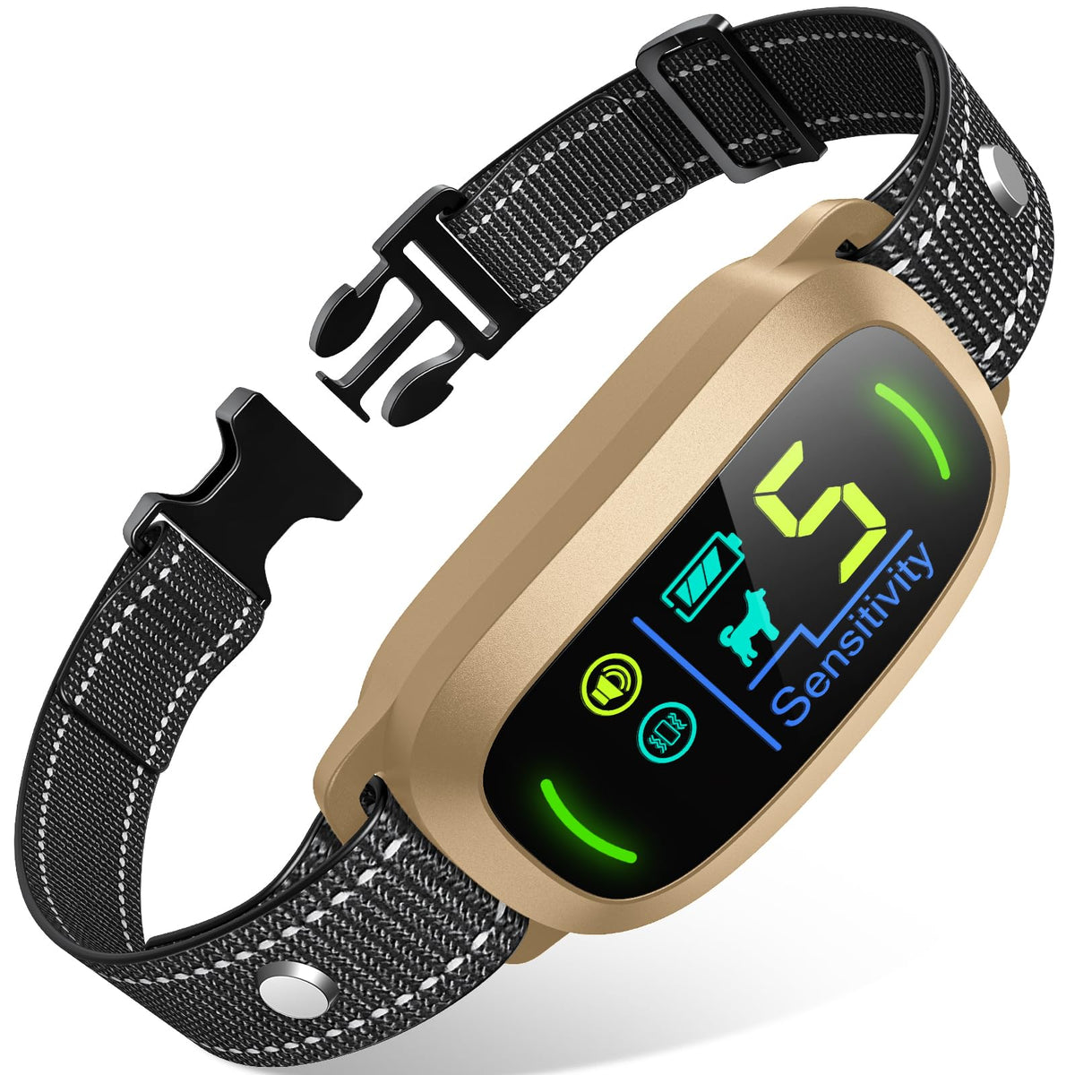 FAFAFROG bark collar front view shows adjustable training modes for effective correction