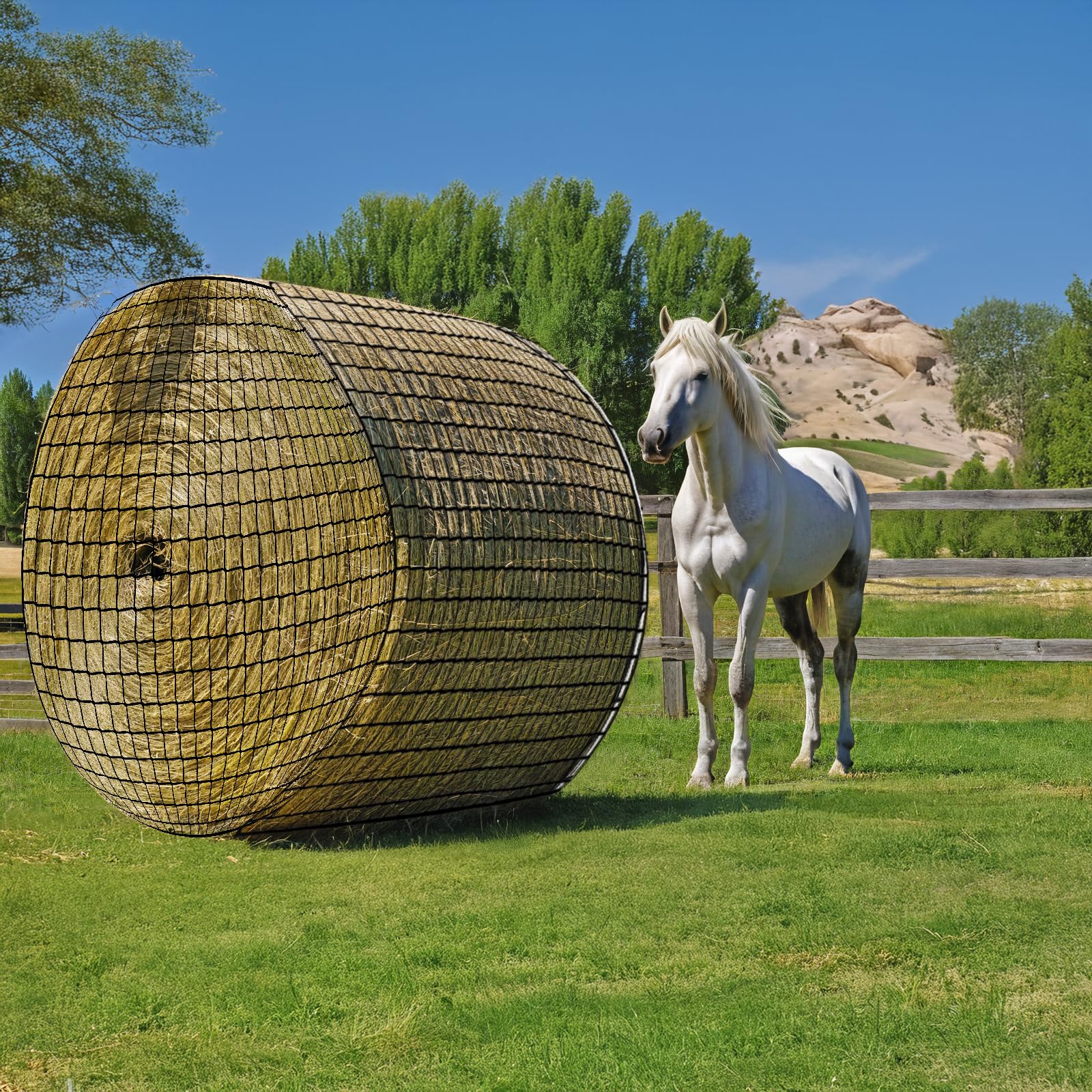 Fahnemt round bale hay net outdoors reduces hay waste during feeding.