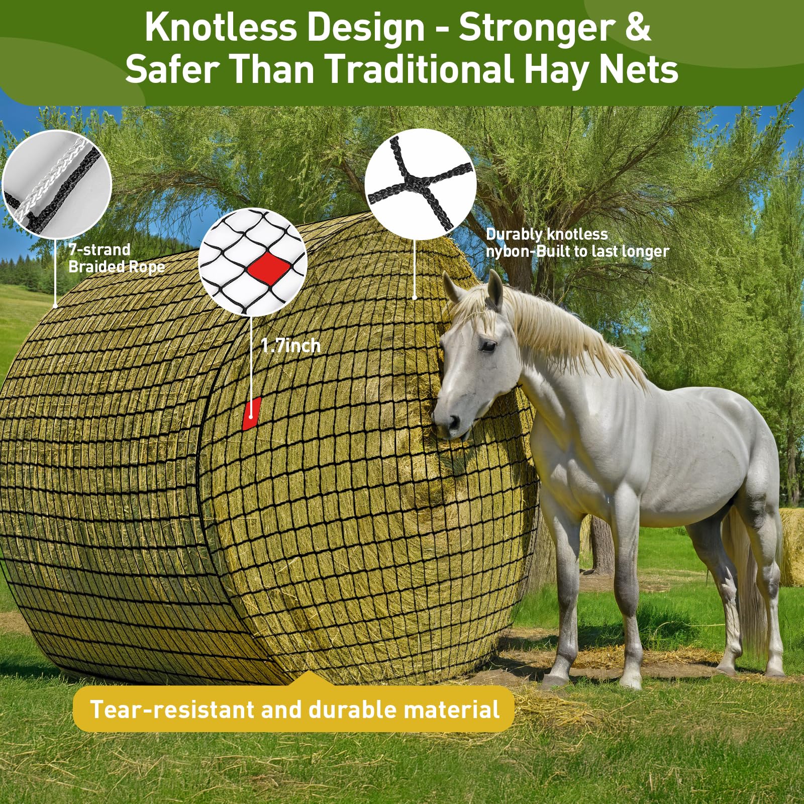 Fahnemt slow feeder hay net 6x6 extends grazing time and controls portions.
