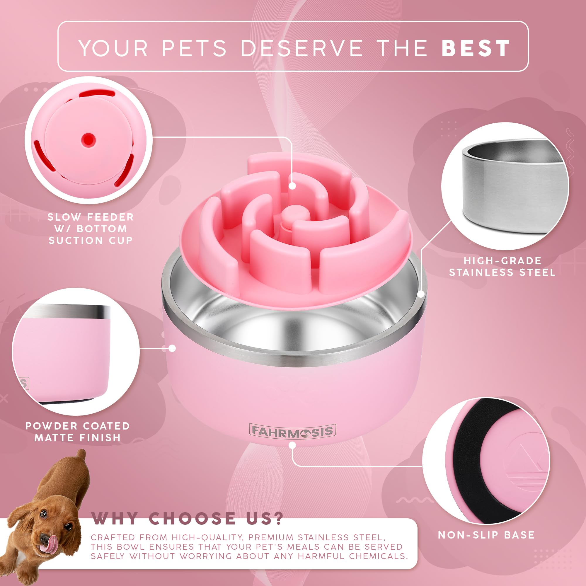 FAHRMOSIS non-slip base dog bowl in pink keeps meals steady during enthusiastic feeding.