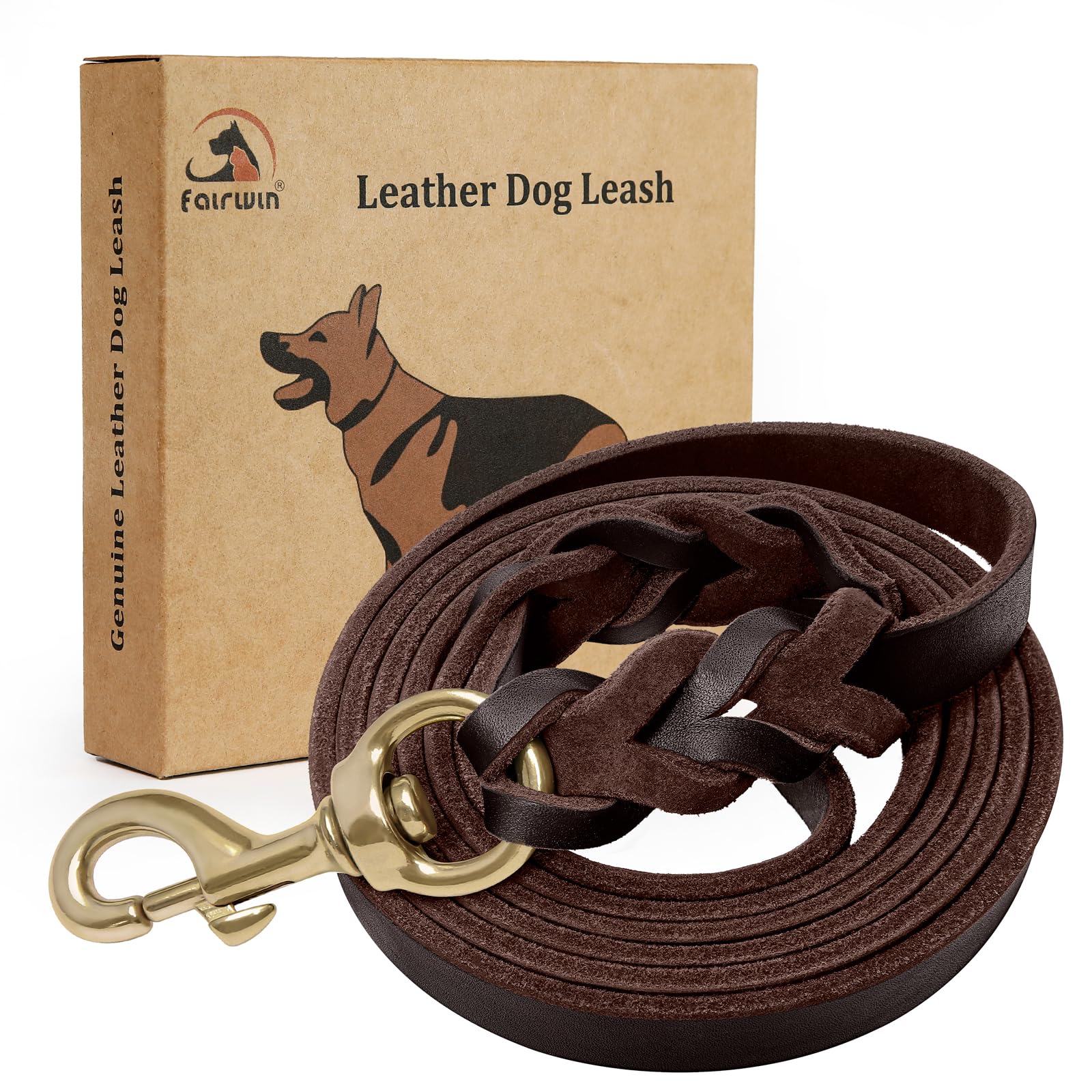 Fairwin braided leather dog leash 6ft packaging highlights premium leather and sturdy construction.