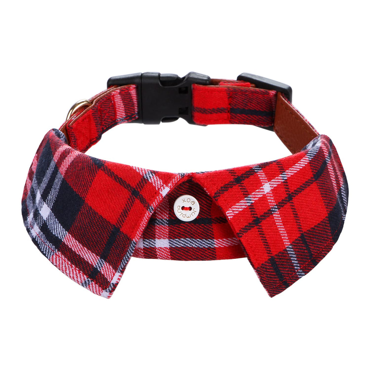 Faleela cotton plaid shirt-style dog collar with quick-release buckle for easy on/off.