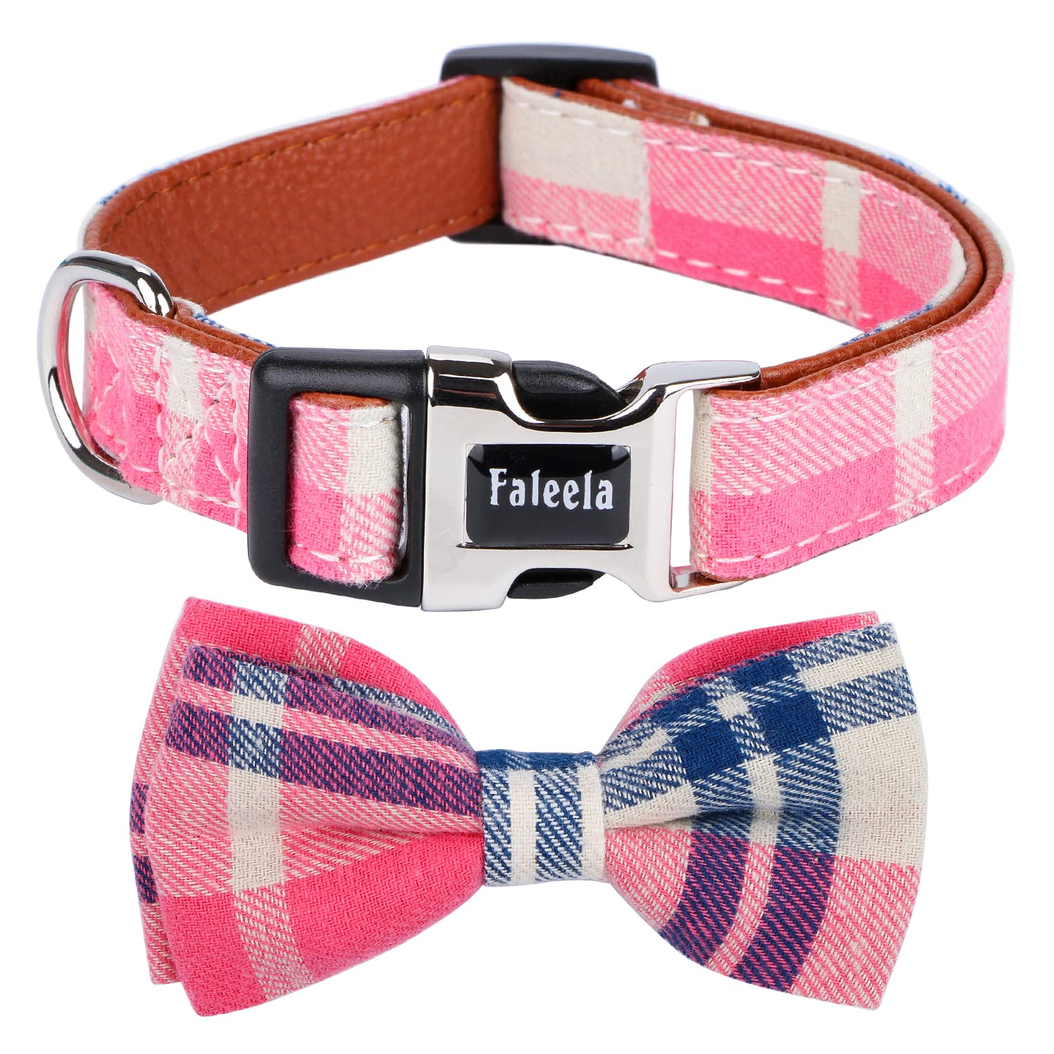 Faleela Soft & Comfy Bowtie Dog Collar pink close-up shows durable cotton fabric for daily wear