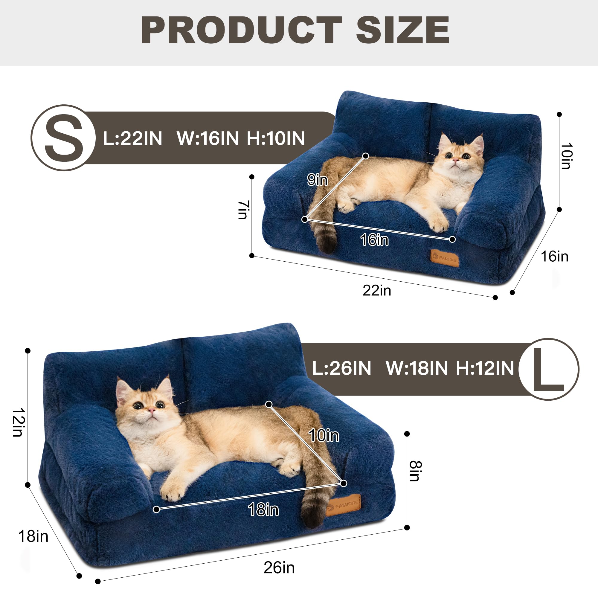 FAMIDGE navy blue cat couch bed side view shows plush surface