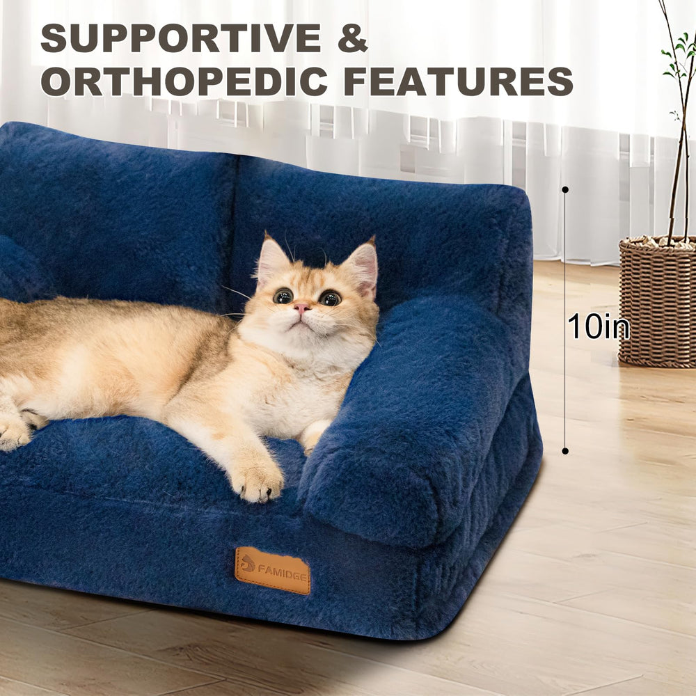 FAMIDGE cat couch bed navy blue top-down view demonstrates compact design