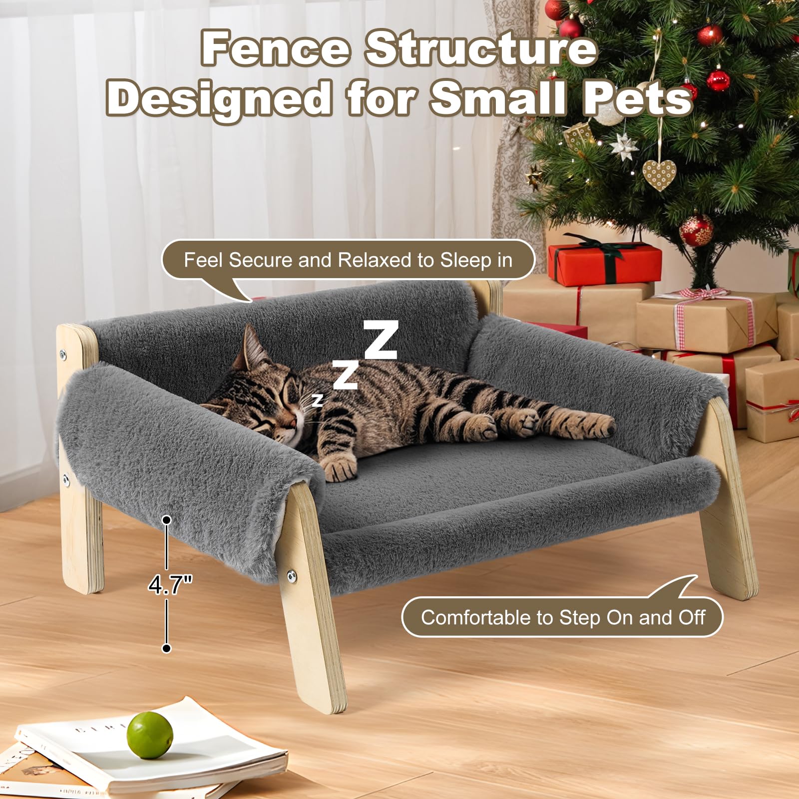 FAMIDGE elevated cat couch wood frame uses FSC-certified wood for sustainable design
