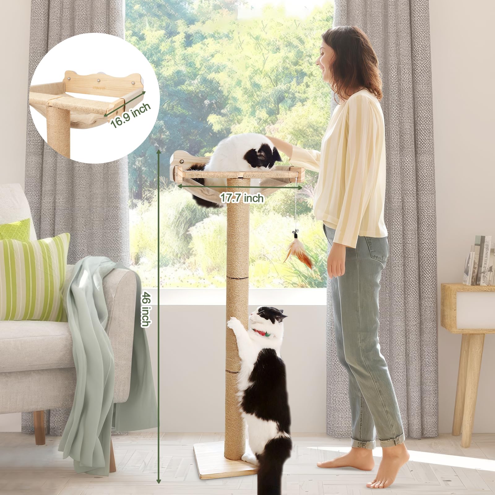 Famifit cat window perch adjustable posts enable customized height for fitting any room.
