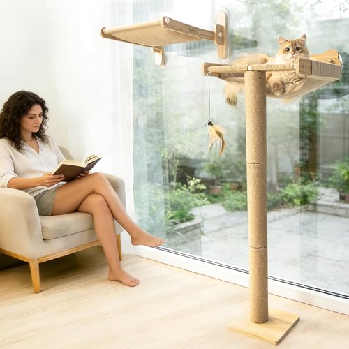 Famifit cat window perch cat bell toy stimulates curiosity and interactive play.