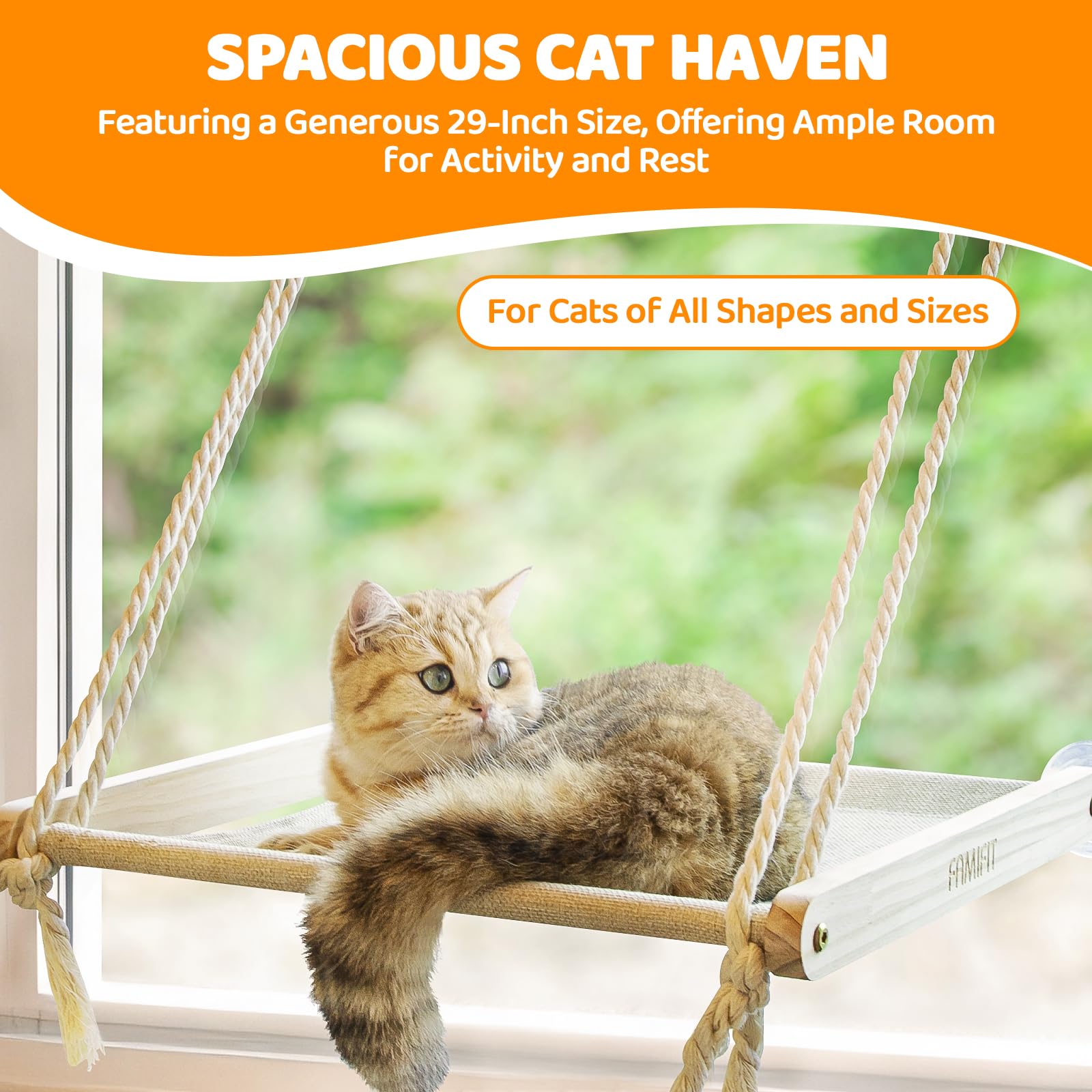 Famifit Cat Window Perch thick cotton ropes provide soft, supportive surface