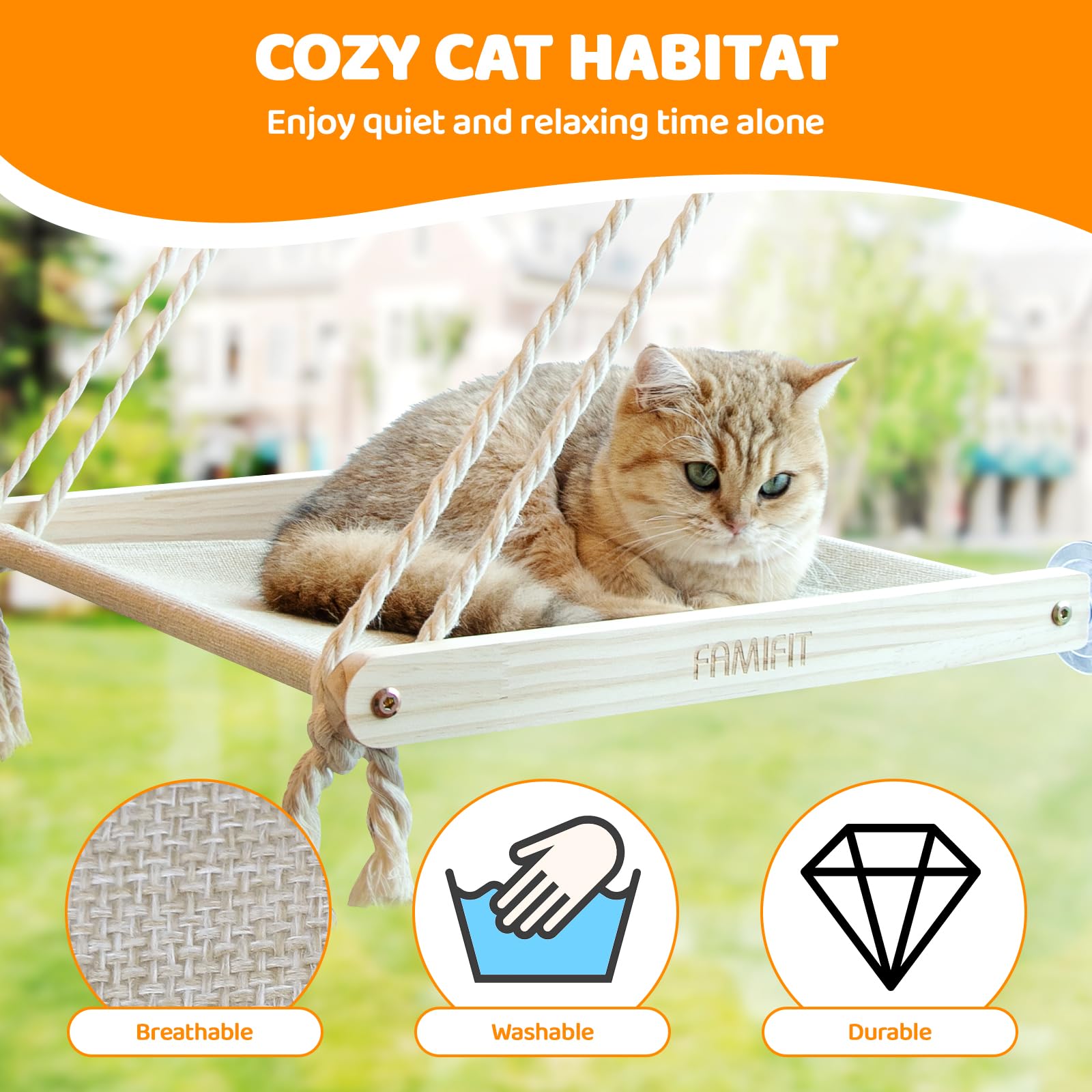 Famifit Cat Window Perch suitable for indoor and outdoor use across seasons